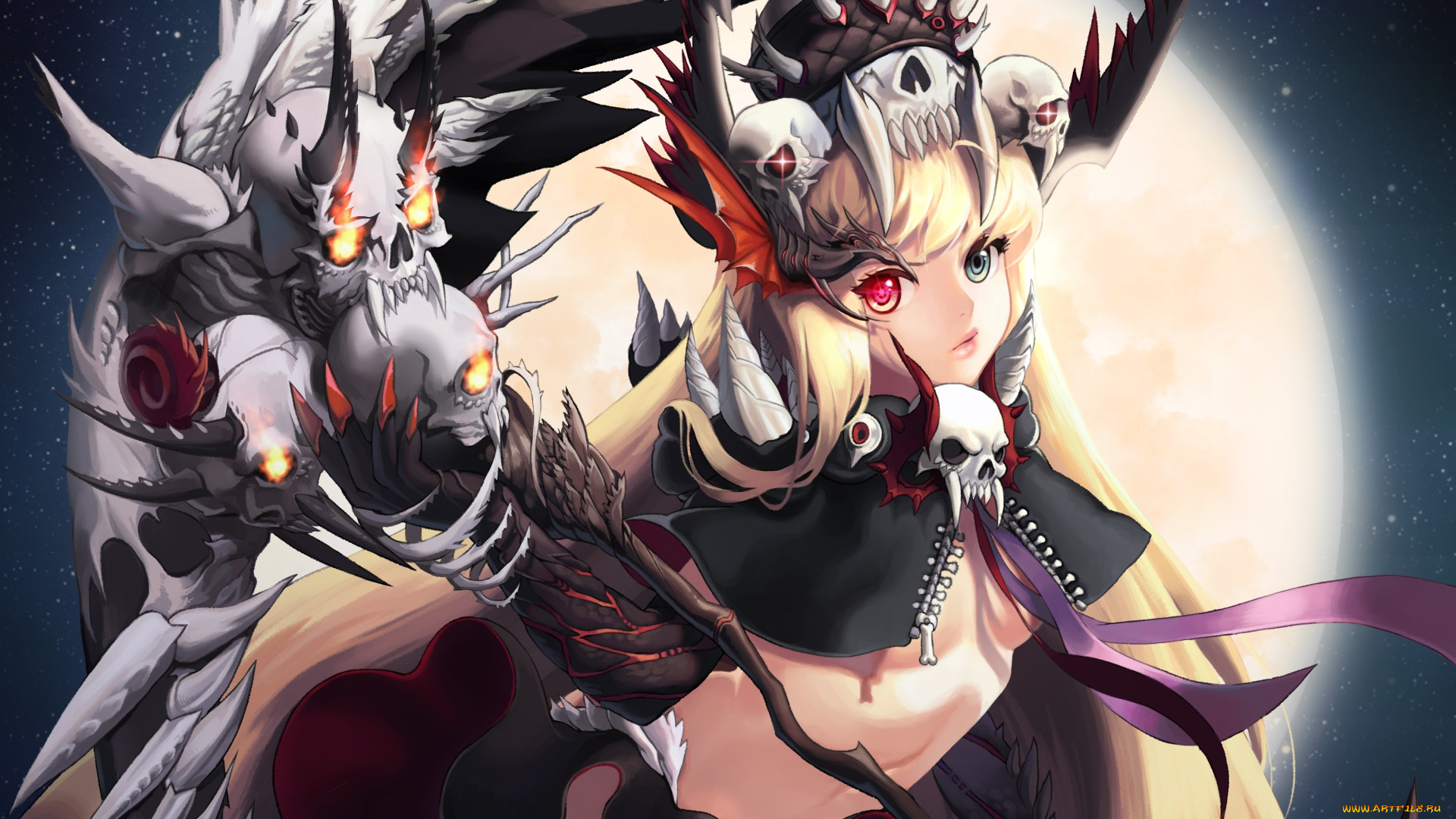 аниме, -angels, &, demons, взгляд, коса, девушка, hyeona, оружие, трусики, art, грудь, ночь, магия