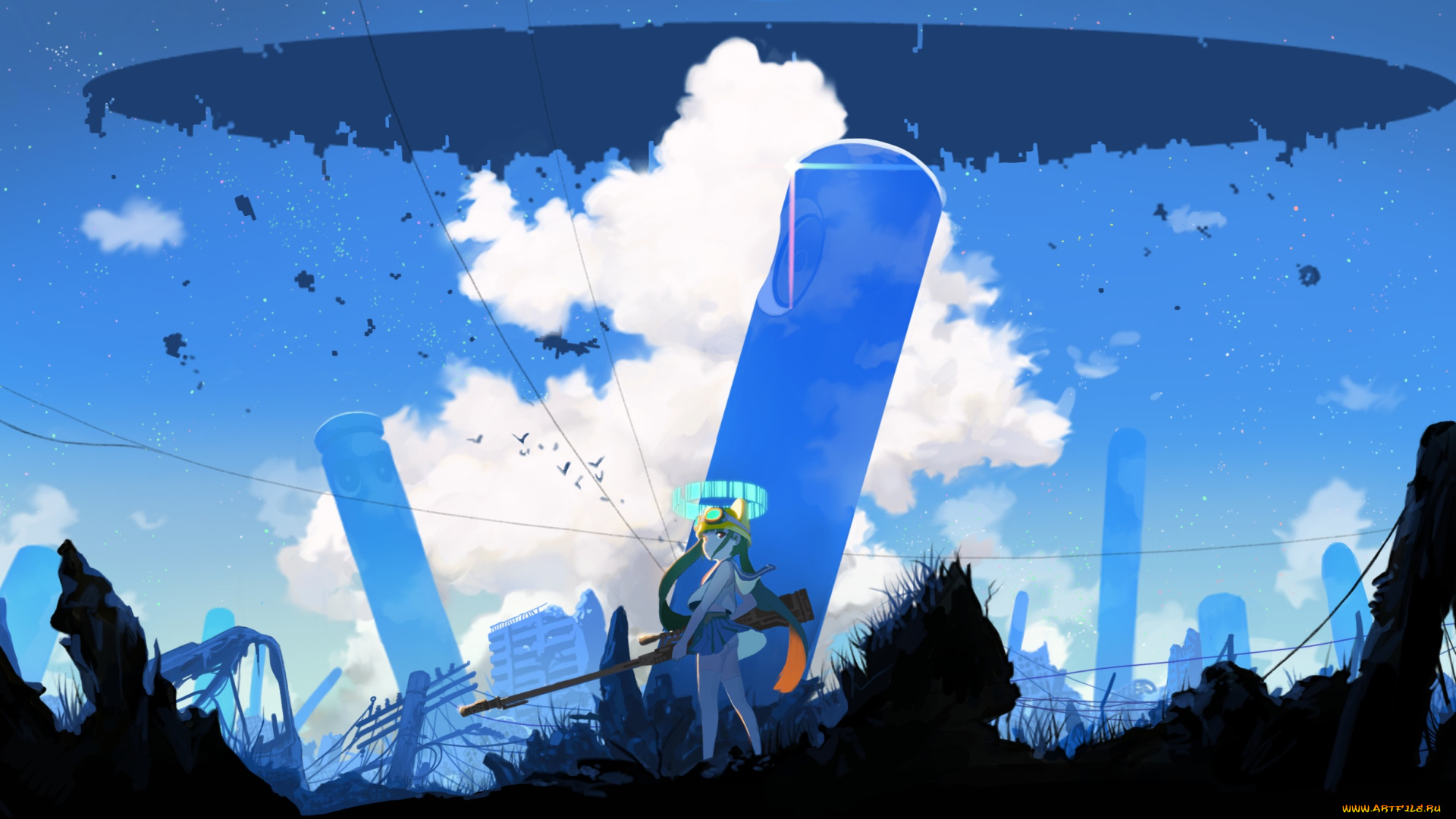 аниме, -weapon, , blood, &, technology, обломки, облака, техника, провода, развалины, здания, столбы, город, небо, оружие, арт, девушка