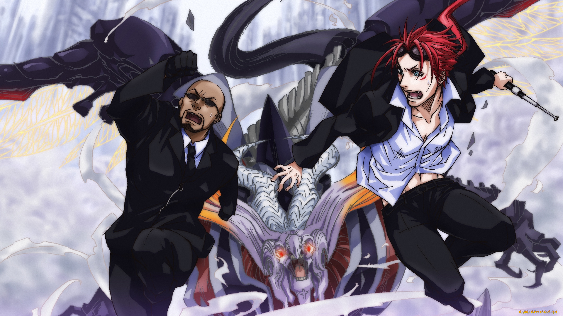 аниме, final, fantasy, turks, дым, город, бег, монстр, reno, rude