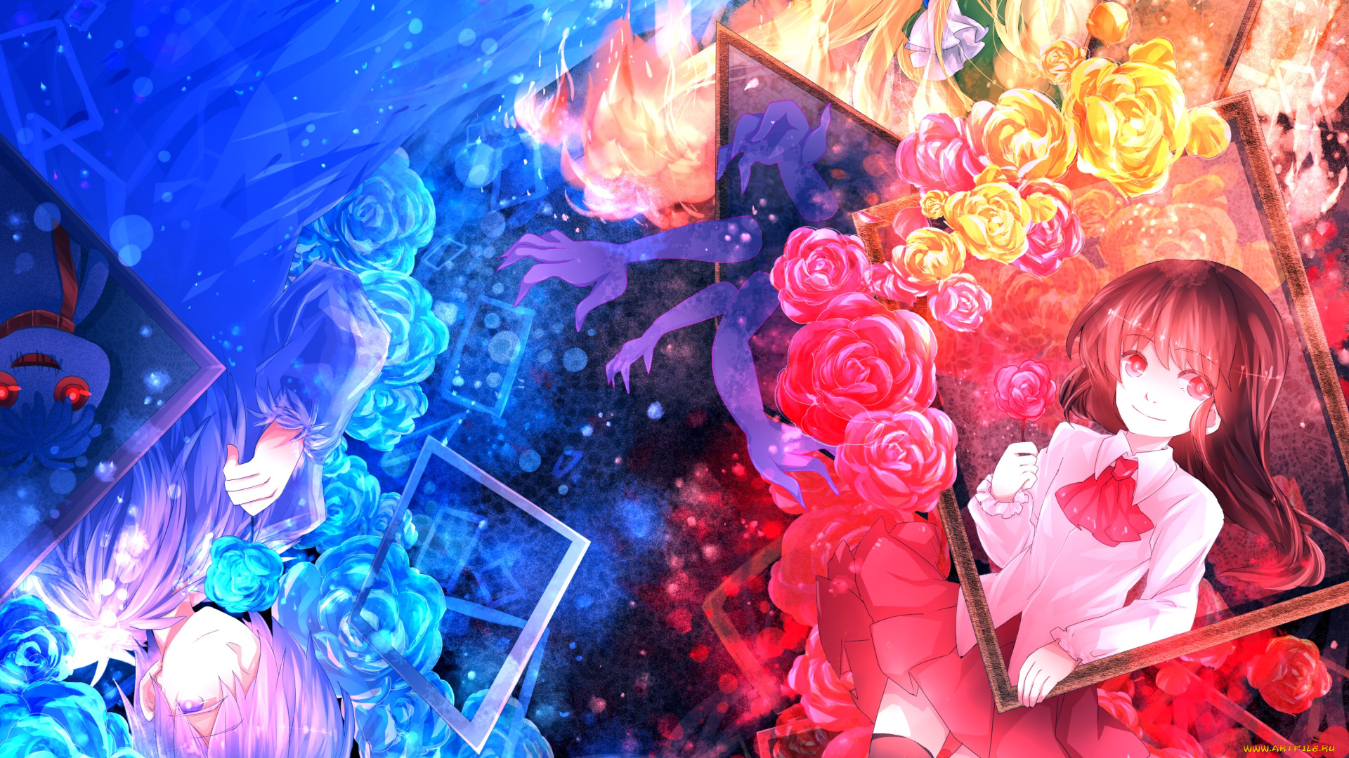 аниме, ib, mary, eve, мужчина, рамки, руки, розы, garry, девушки, цветы