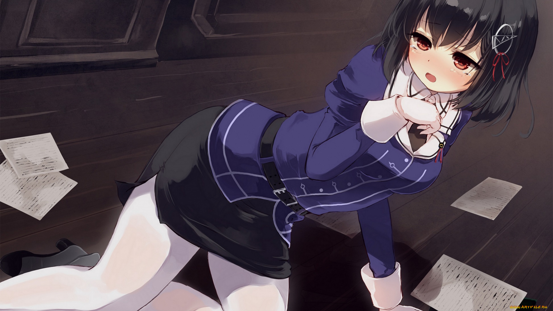 аниме, kantai, collection, арт, девушка, бумаги, листы, деловой, костюм, слёзы, лежит