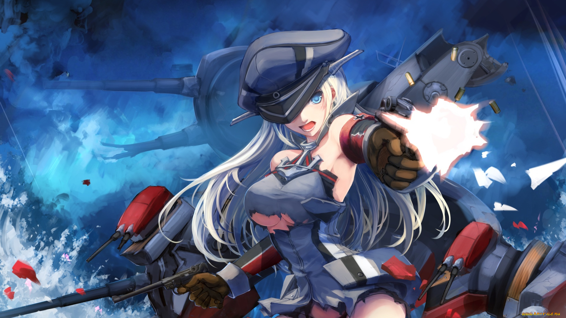 аниме, kantai, collection, арт, злость, кепка, девушка, выстрелы, техника, гильзы, оружие