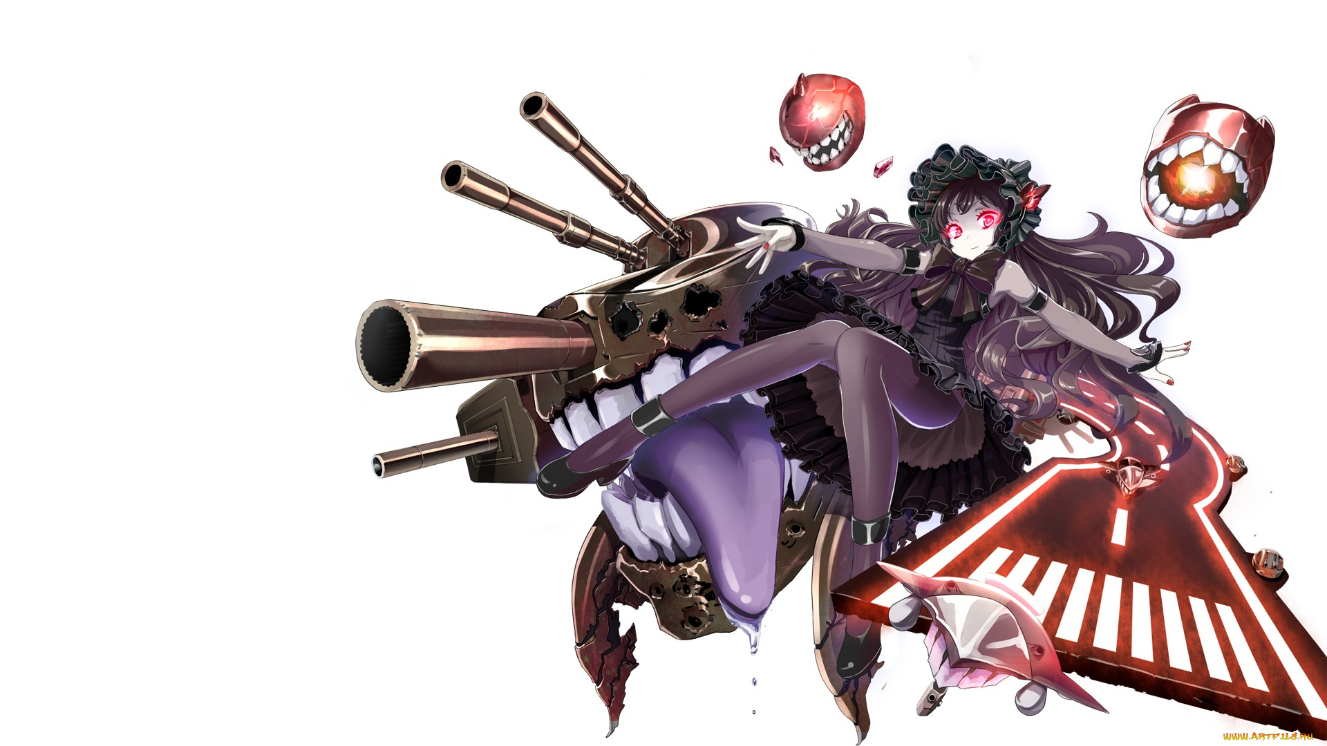 аниме, kantai, collection, демоны, оружие, девушка, белый, фон