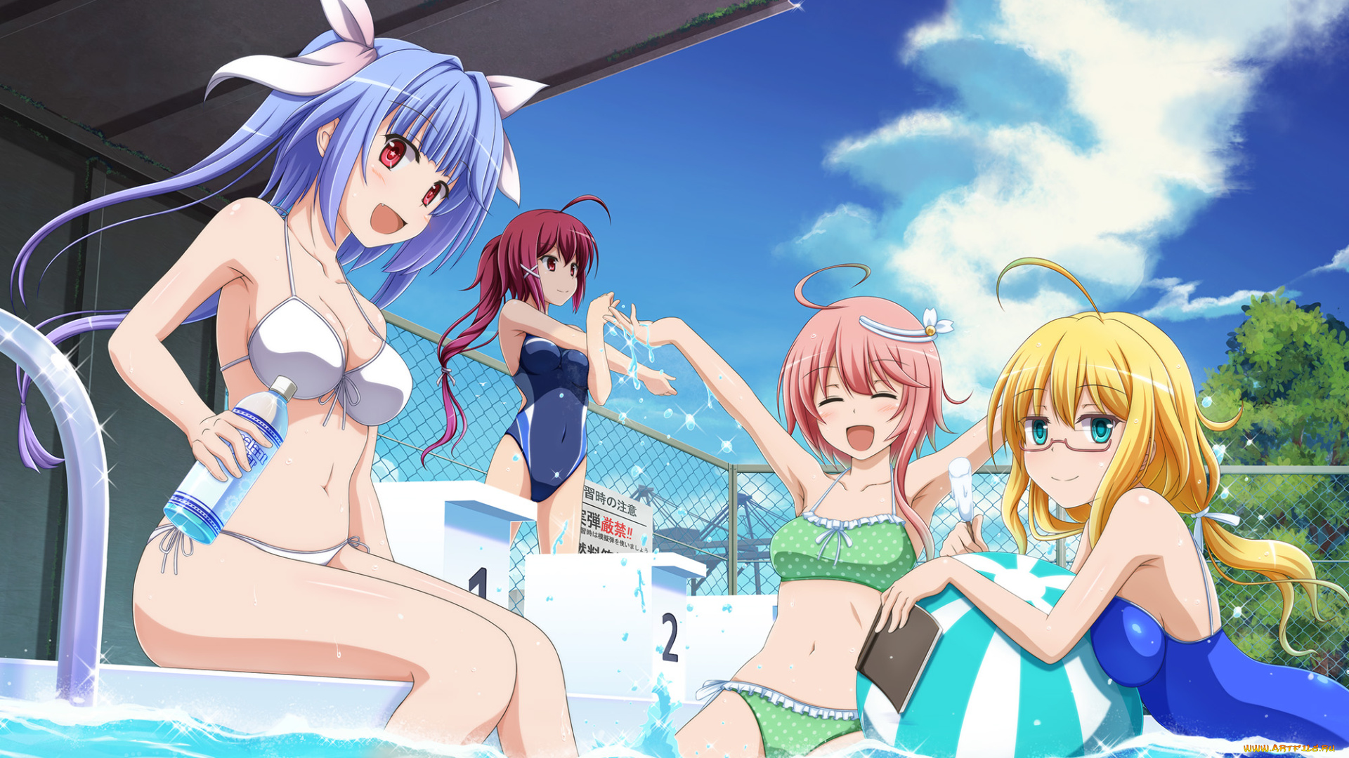 аниме, kantai, collection, девушки, арт, бутылка, бассейн, вода, купальники, лето