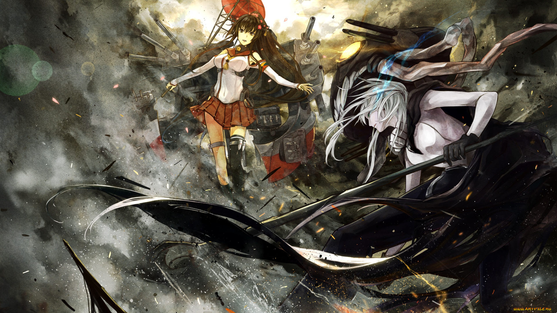 аниме, kantai, collection, дым, арт, девушки, оружие, технологии