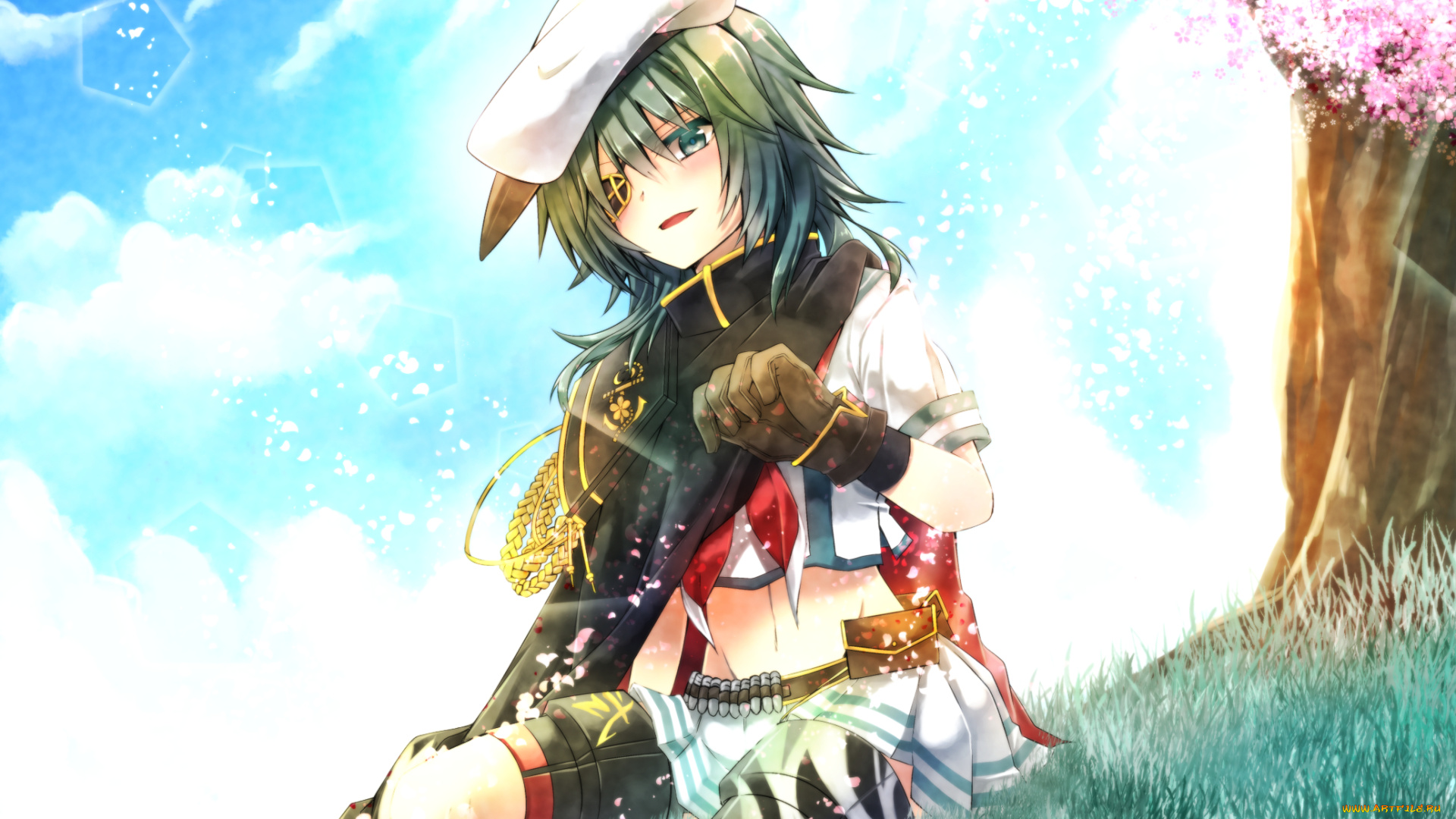 аниме, kantai, collection, кепка, сакура, девушка, улыбка, перчатки, патроны, цветы, дерево