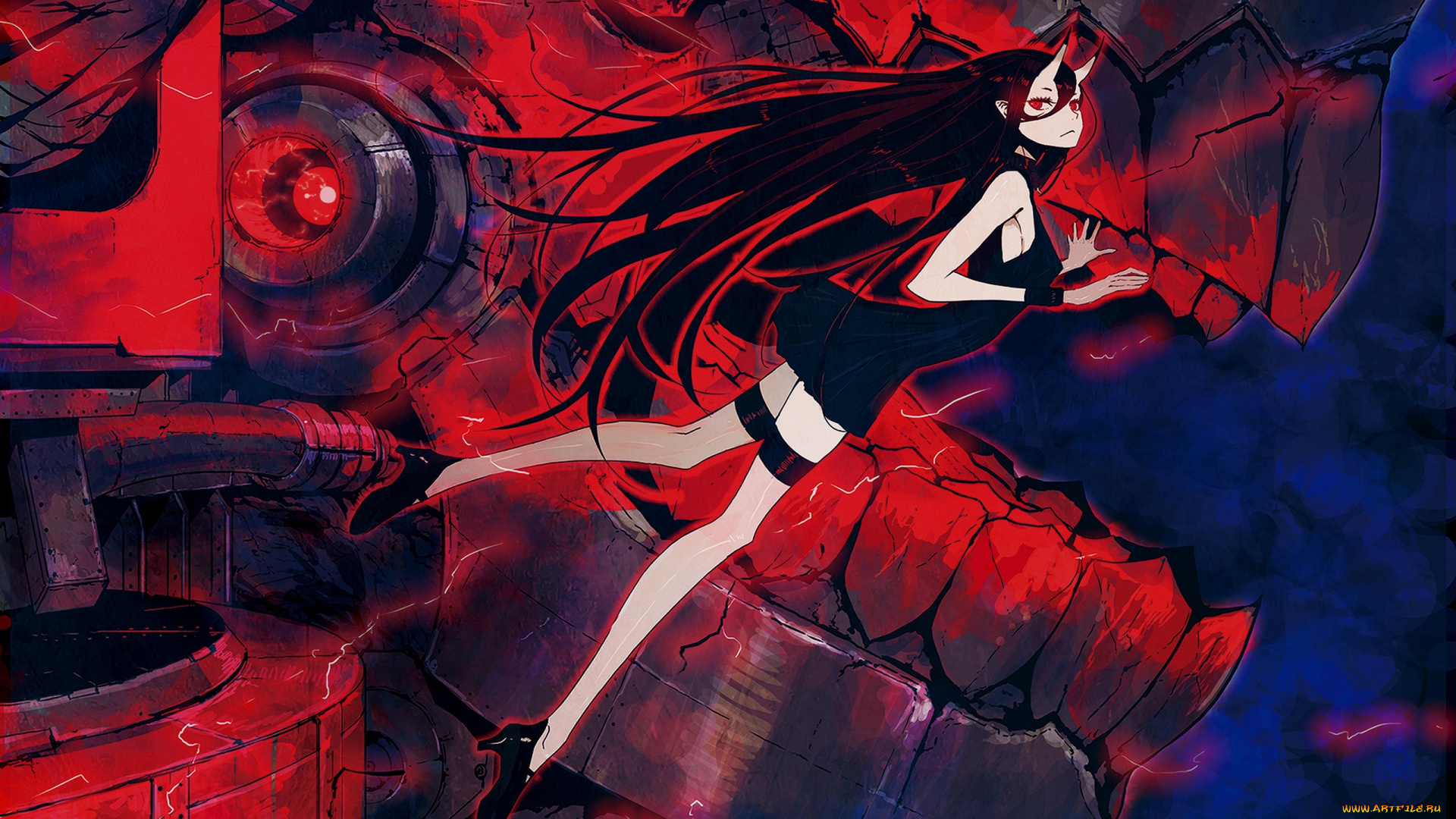 аниме, kantai, collection, монстр, девушка, зубы, пасть, демон, рога, арт