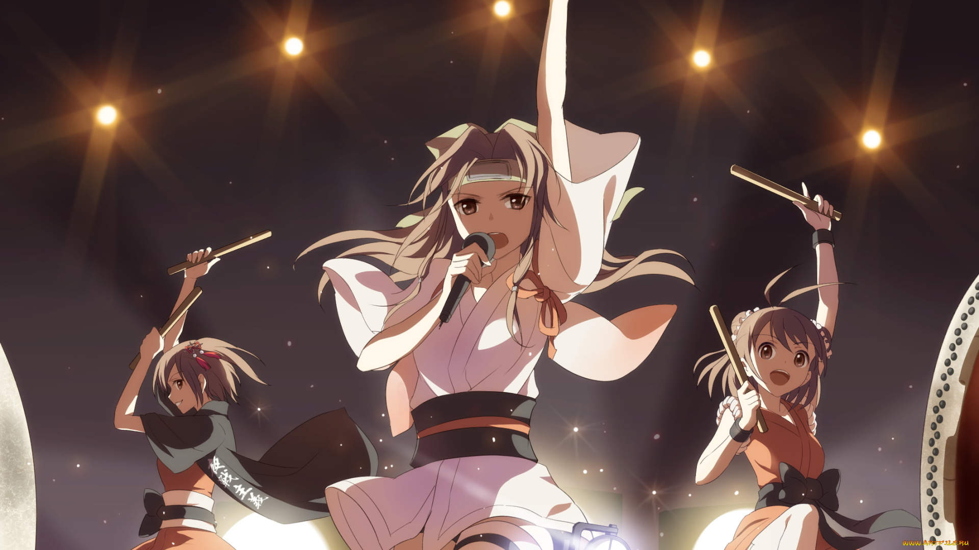 аниме, kantai, collection, музыка, концерт, девушки, арт, трио, огни