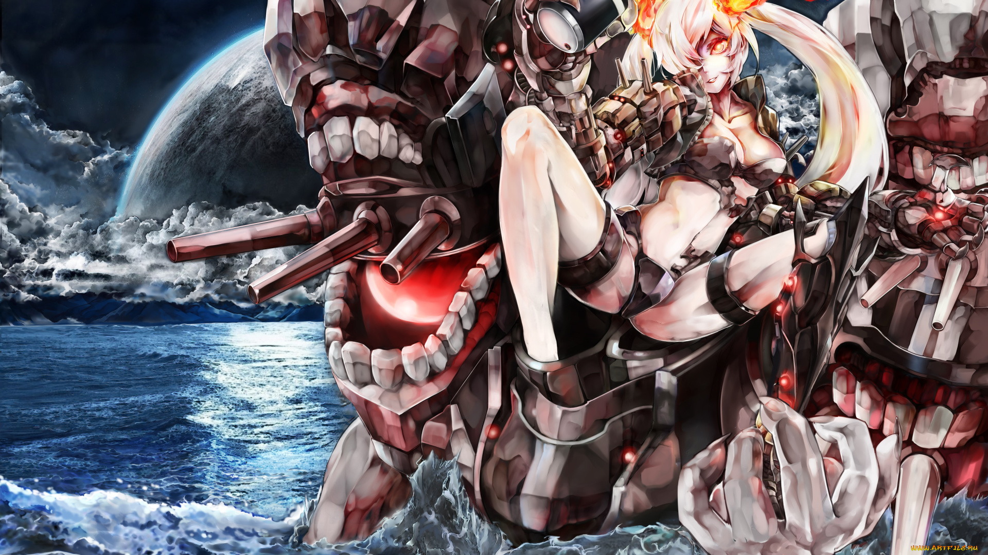 аниме, kantai, collection, огонь, монстр, вода, девушка, зубы, пламя, планета, волны, небо, облака, оружие