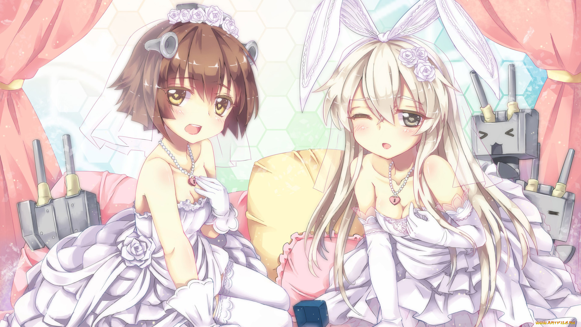аниме, kantai, collection, подушки, роботы, кольцо, девушки, свадебное, платье, занавески, коробочка