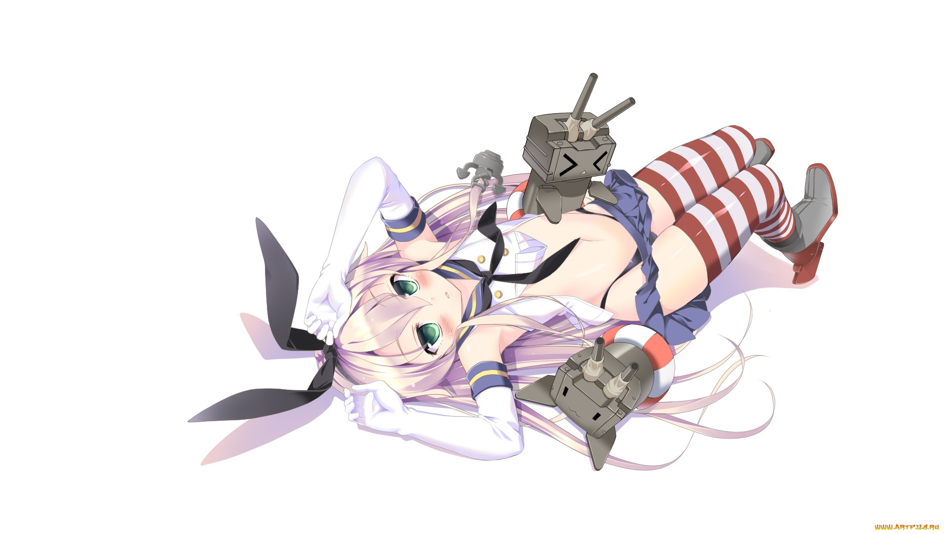 аниме, kantai, collection, роботы, арт, девушка, белый, фон, полосатые, чулки