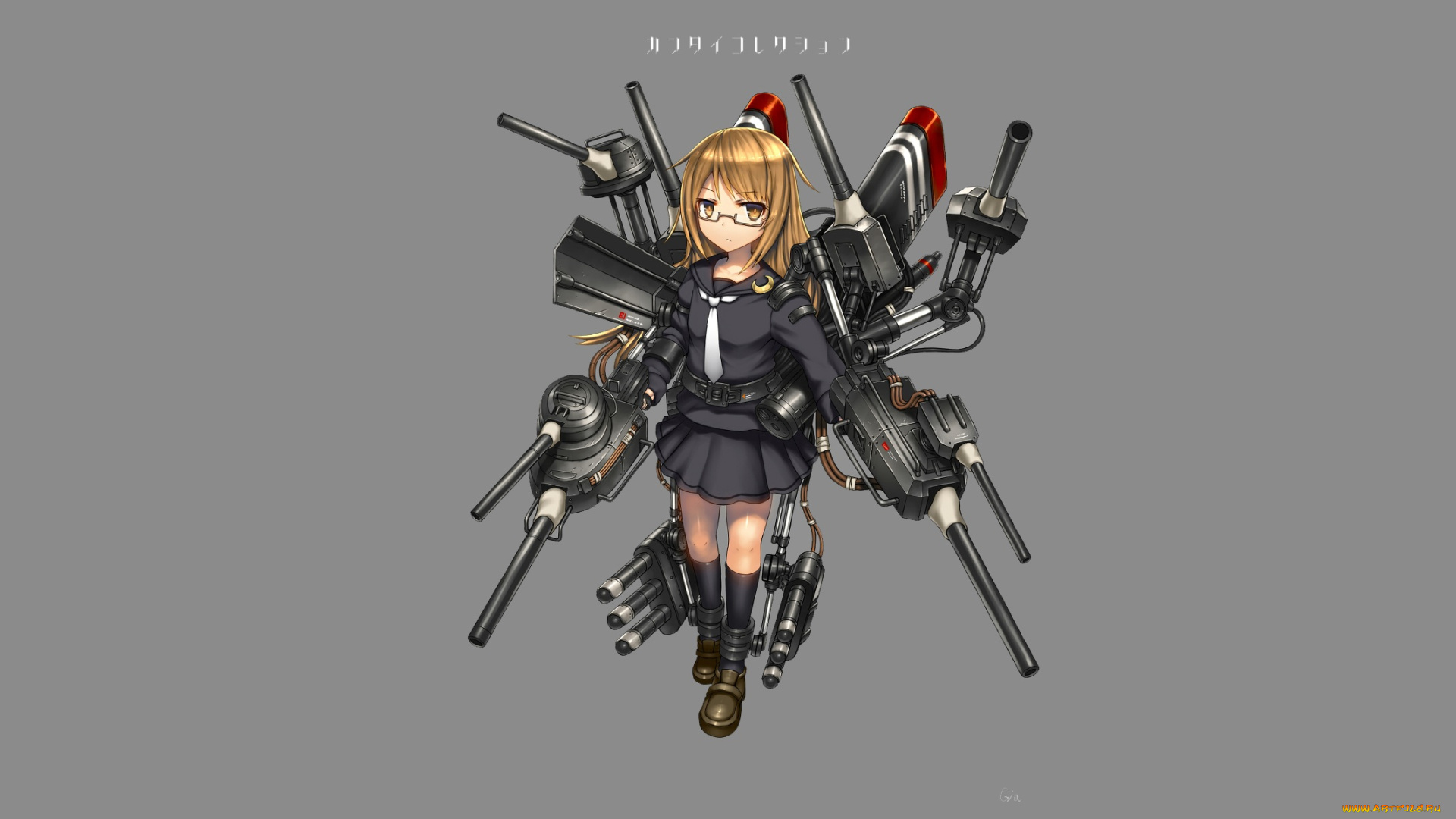 аниме, kantai, collection, серый, фон, оружие, арт, девушка