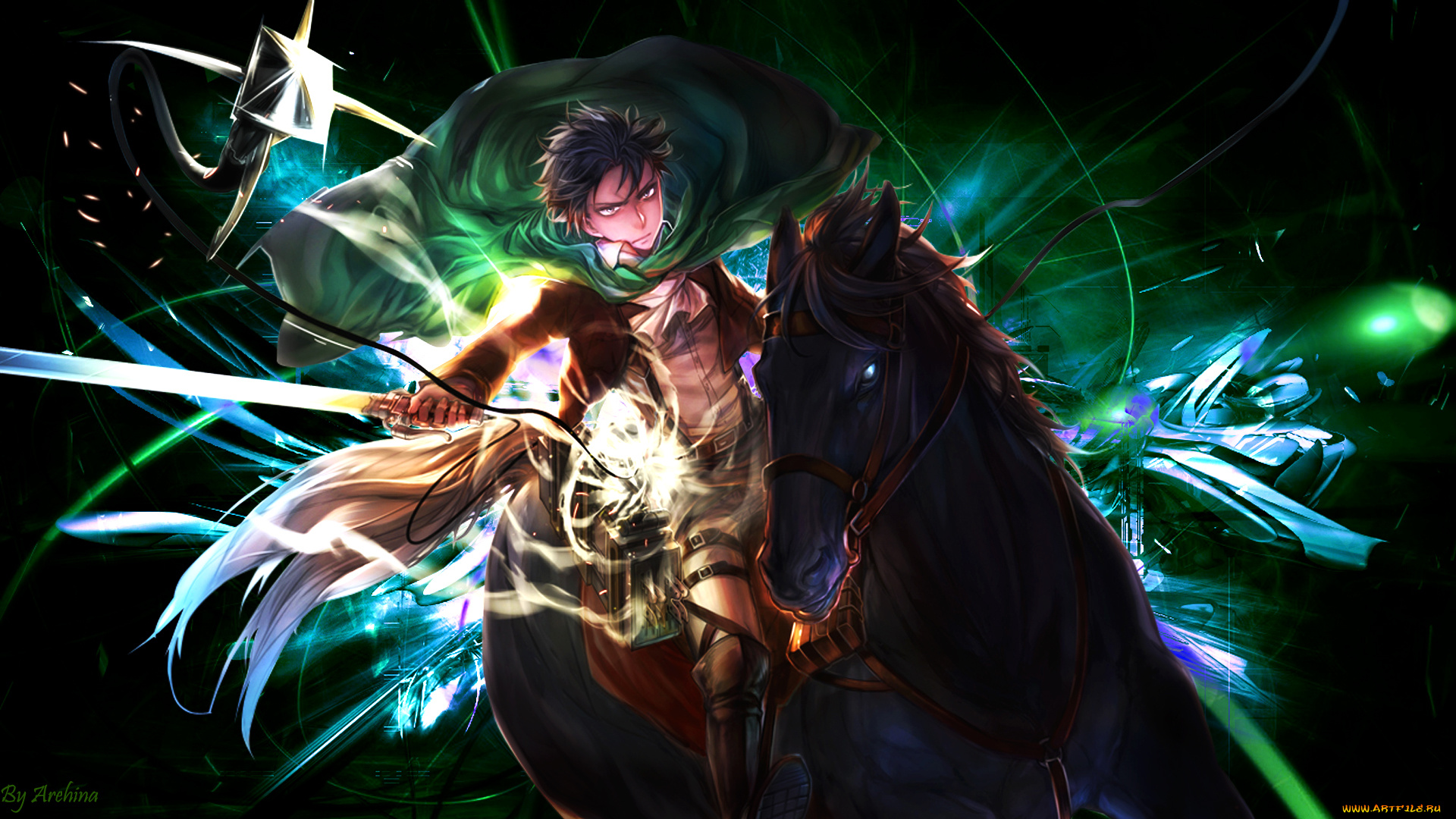 аниме, shingeki, no, kyojin, levi, капрал, мужчина, лошадь, атака, титанов