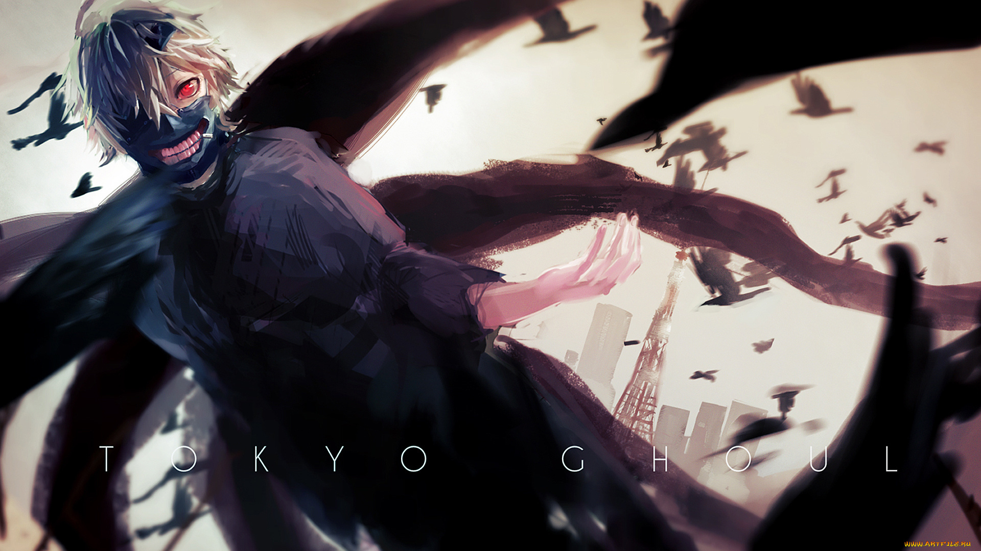 аниме, tokyo, ghoul, красные, глаза, птицы, город, kaneki, ken