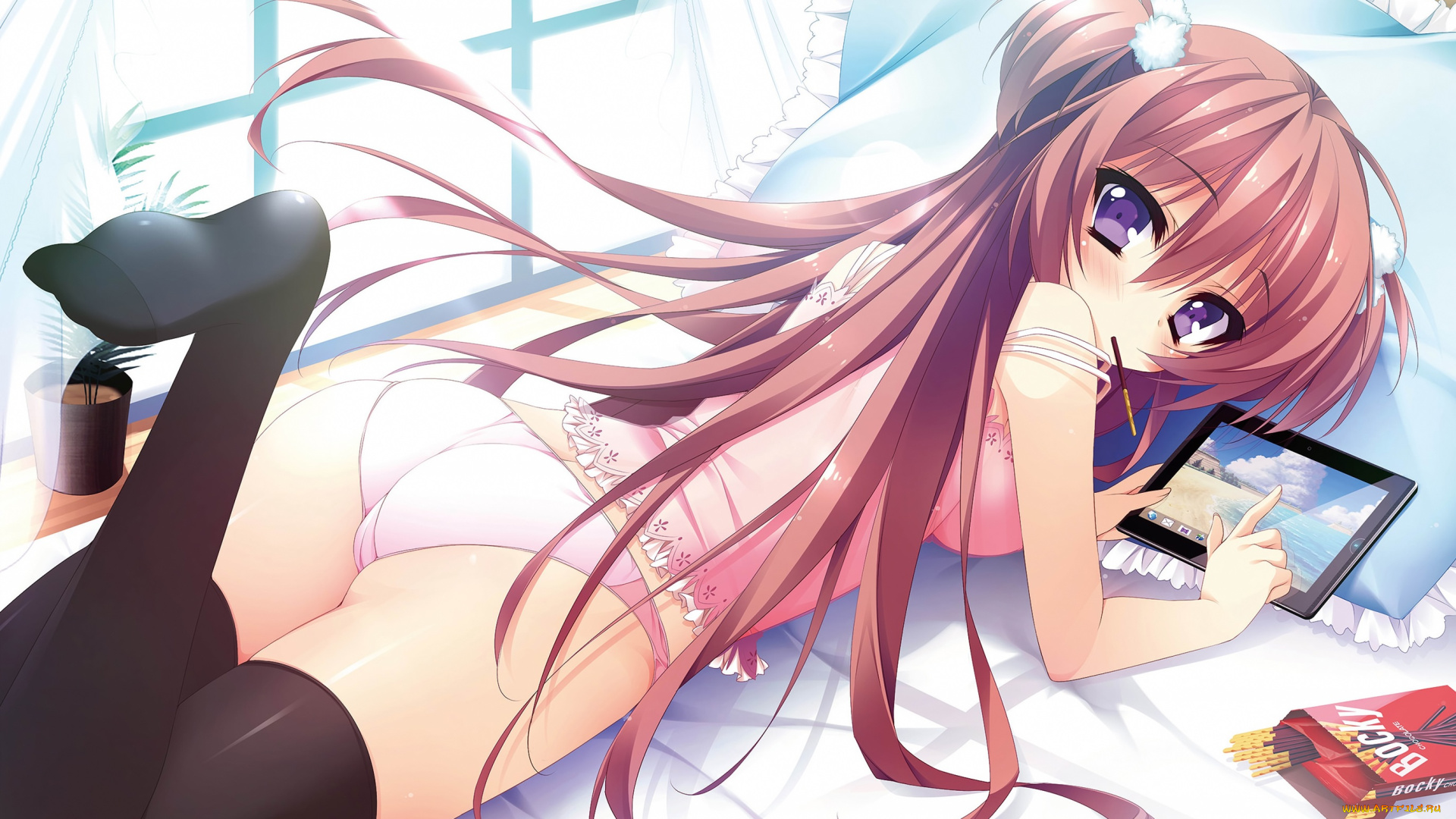 аниме, *unknown, , другое, девушка, постель, окно, арт, палочки, планшет, подушка