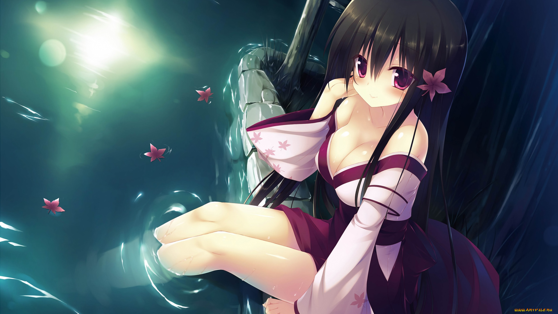 аниме, *unknown, , другое, листья, ночь, вода, кимоно, девушка, zettai, saikyou, oppai, sensou, луна, свет