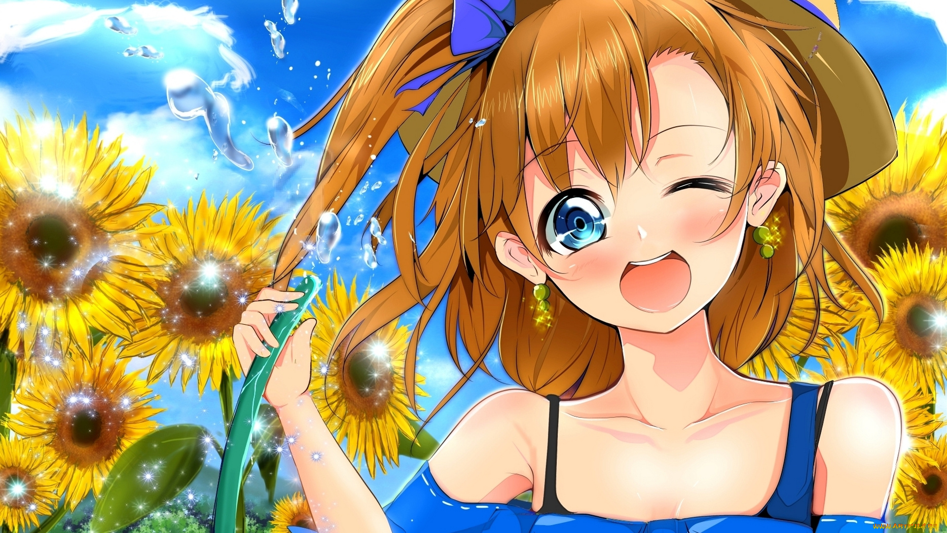 аниме, *unknown, , другое, подмигивание, вода, шланг, подсолнухи, девушка, kousaka, honoka, school, idol, project, шляпа