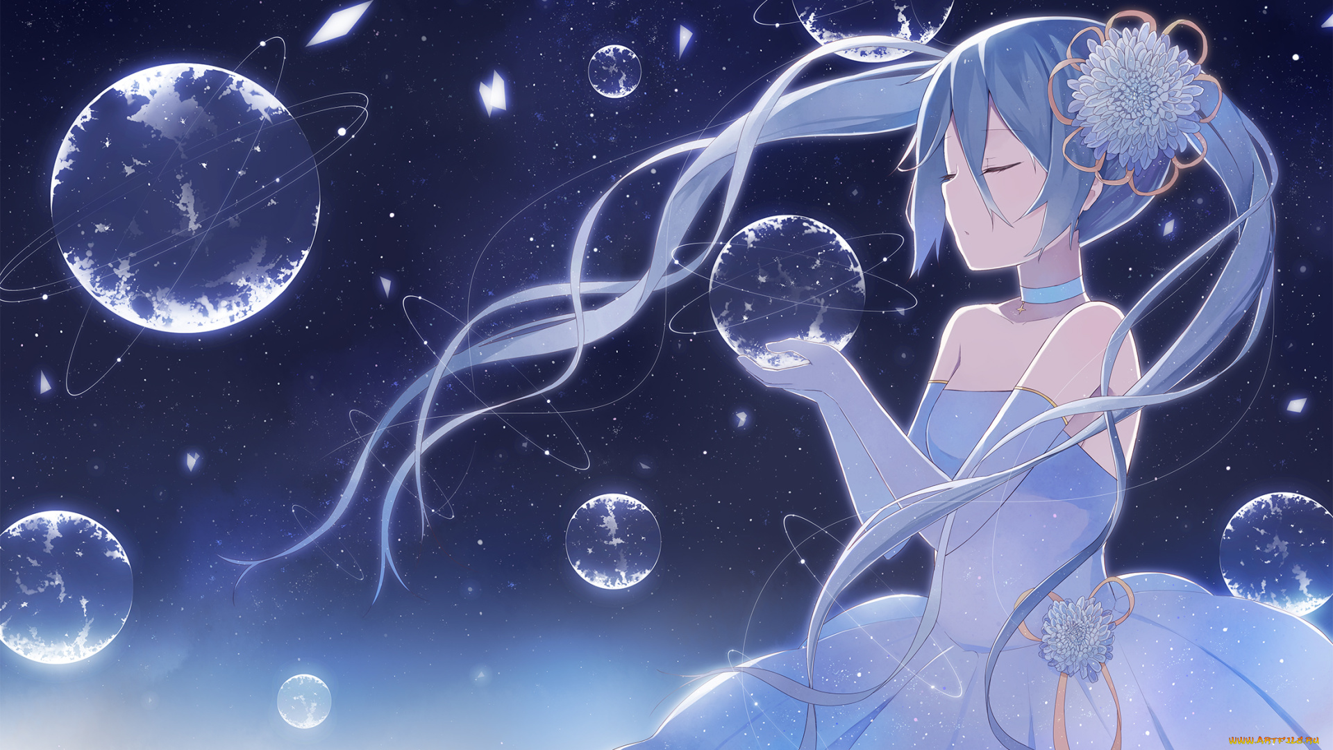 аниме, vocaloid, волосы, цветы, звёзды, планеты, космос, hatsune, miku, девушка, арт