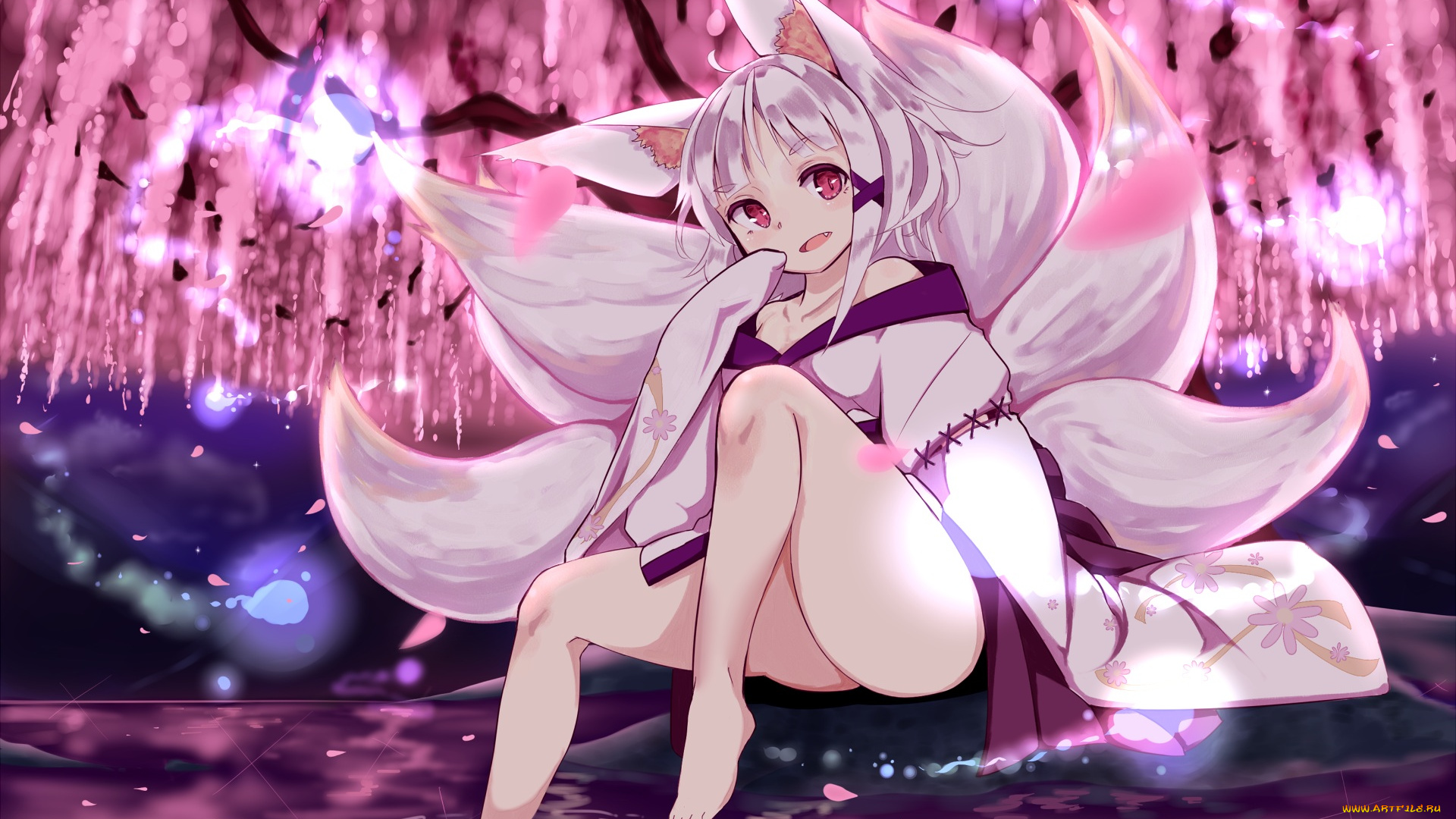 by, wankoo-mikami, аниме, -animals, &, creatures, ножки, лисичка, хвосты, ушки, девушка, арт, кимано, улыбка