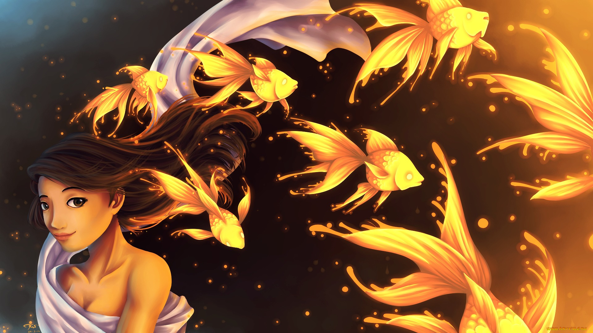 фэнтези, девушки, арт, много, золотые, рыбки, ткань, волосы, девушка
