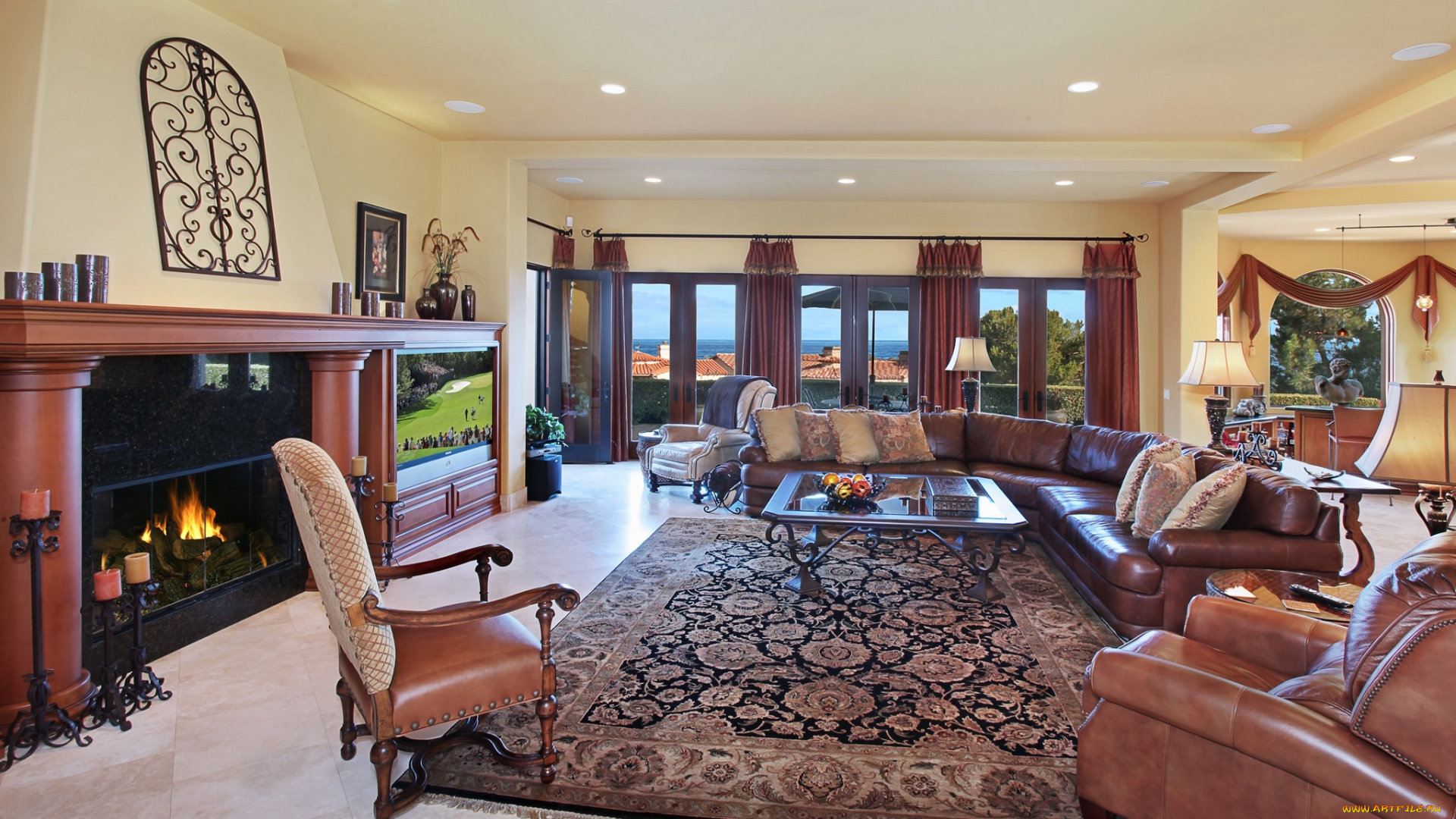 интерьер, гостиная, мебель, камин