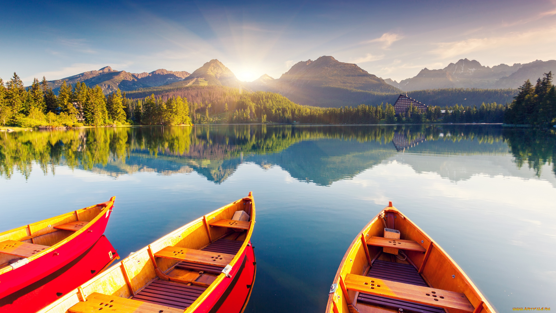 корабли, лодки, , шлюпки, горное, озеро, горы, деревья, солнечные, лучи