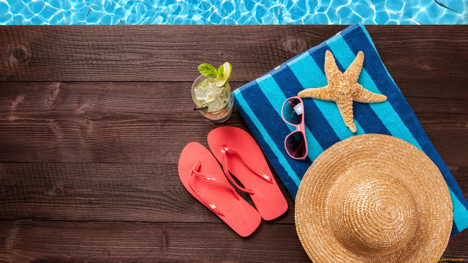 разное, предметы, быта, вода, полотенце, шляпа, сланцы, морская, звезда, коктейль, очки