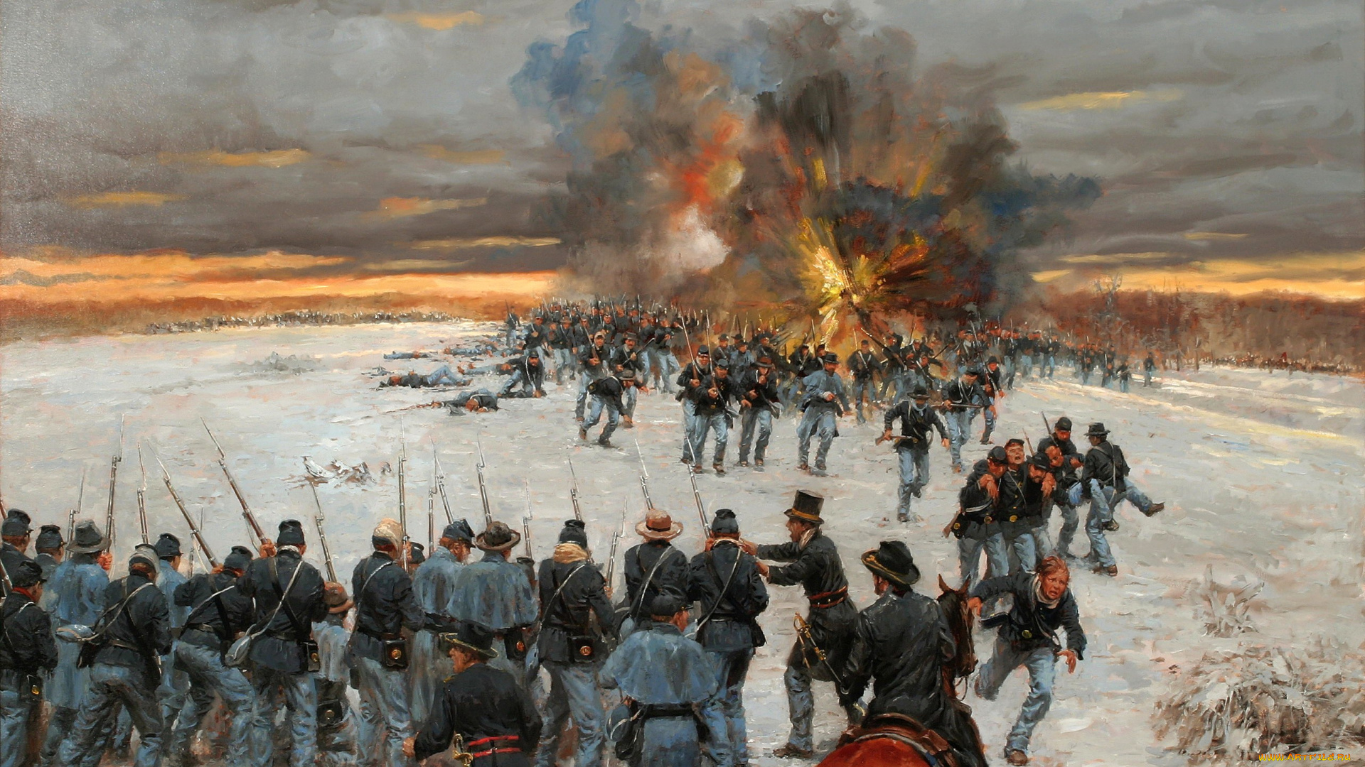 рисованные, живопись, солдаты, оружие, отступление, снег