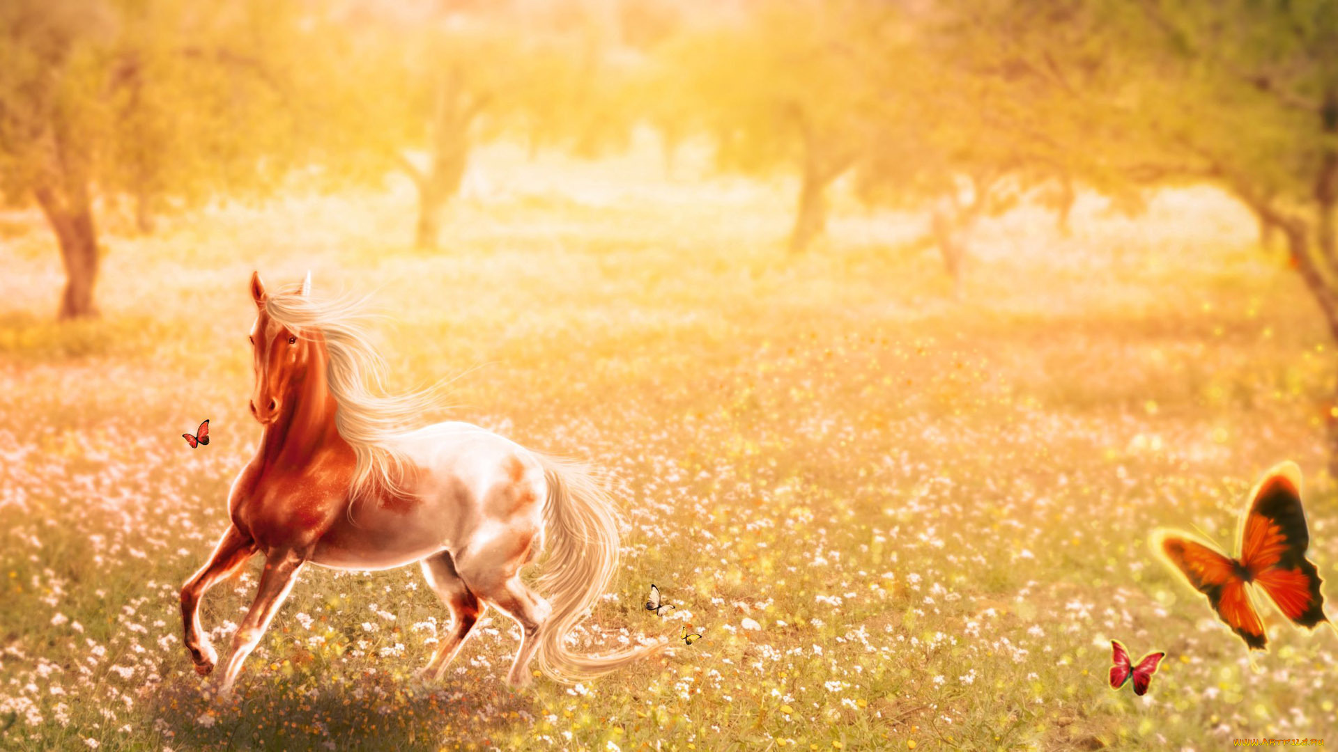 рисованные, животные, , лошади, лошадь, бабочки
