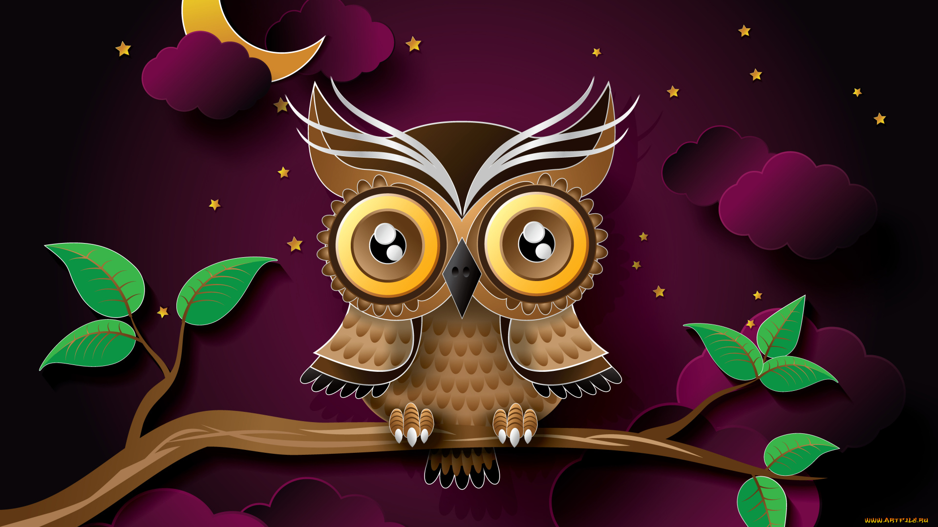 векторная, графика, животные, звезды, ночь, сова, листья, ветка, луна