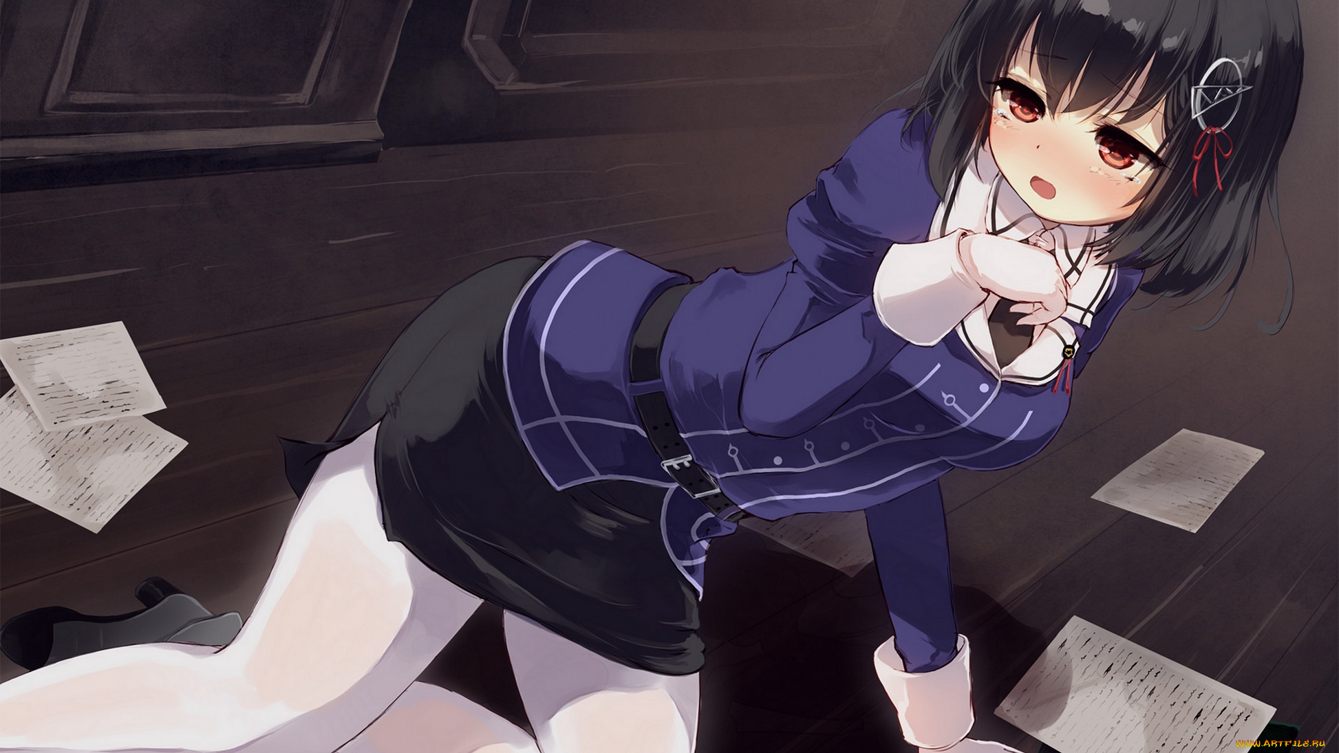 аниме, kantai, collection, арт, девушка, бумаги, листы, деловой, костюм, слёзы, лежит