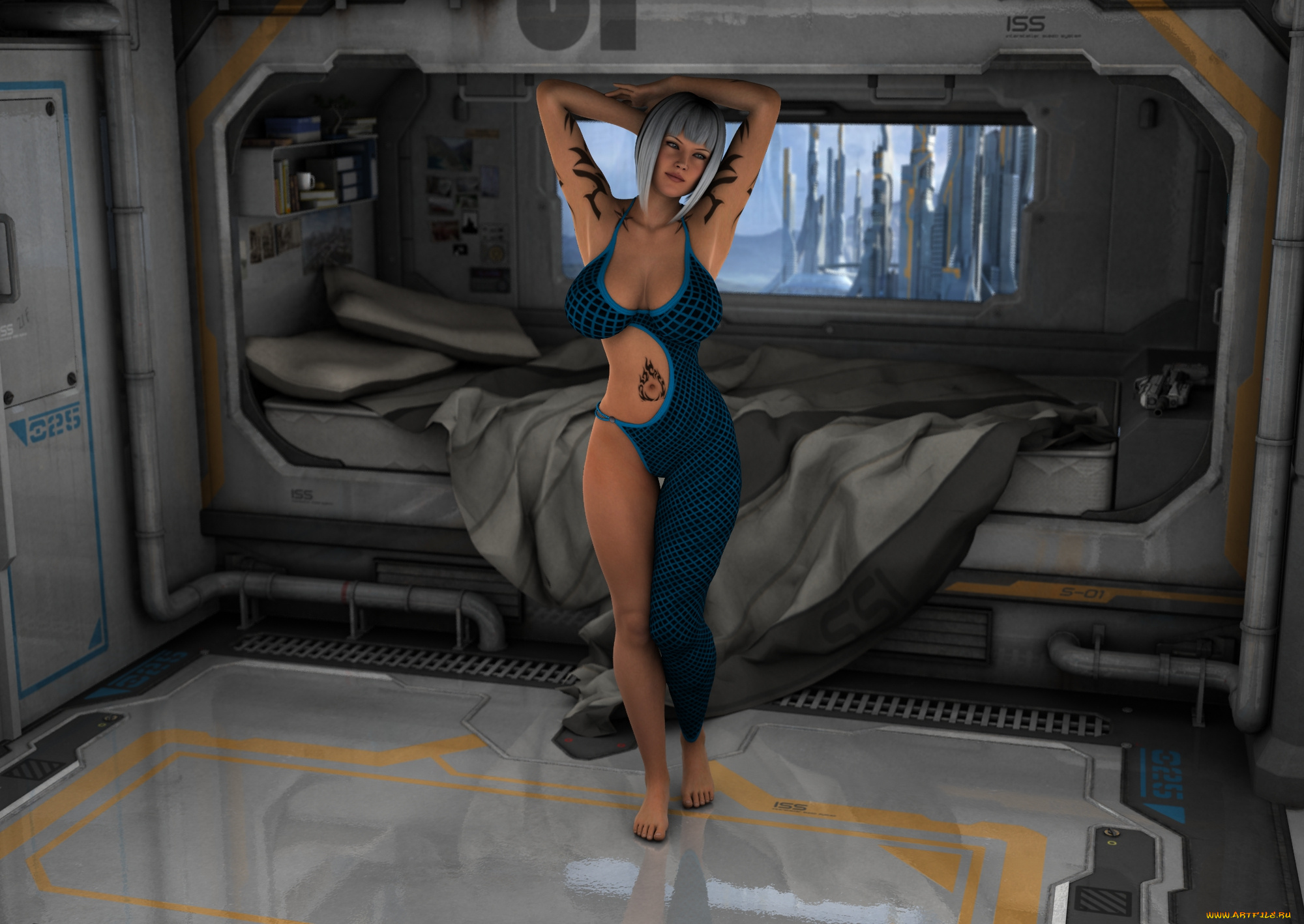 3д, графика, люди, , people, девушка, тату, кровать, взгляд