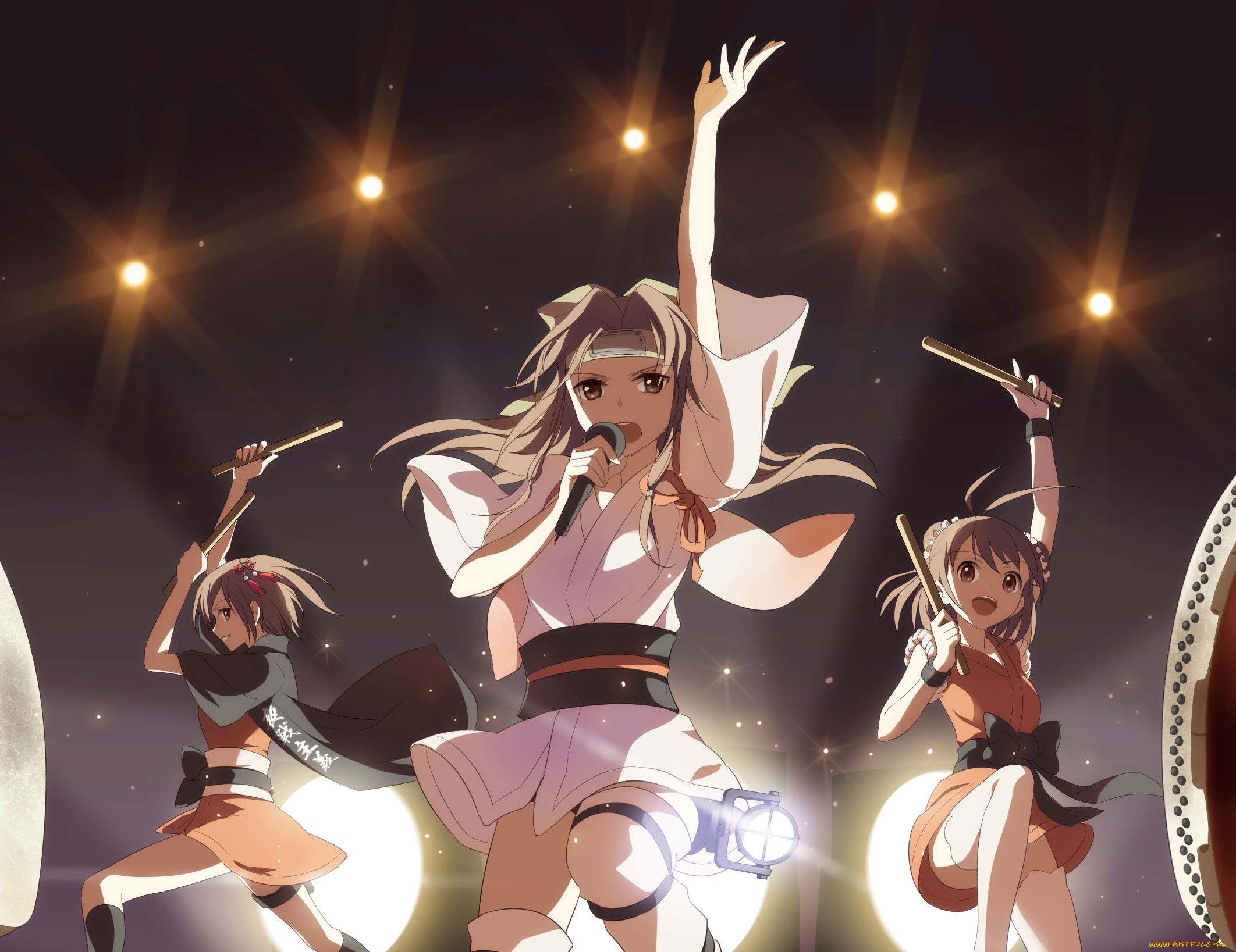 аниме, kantai, collection, музыка, концерт, девушки, арт, трио, огни