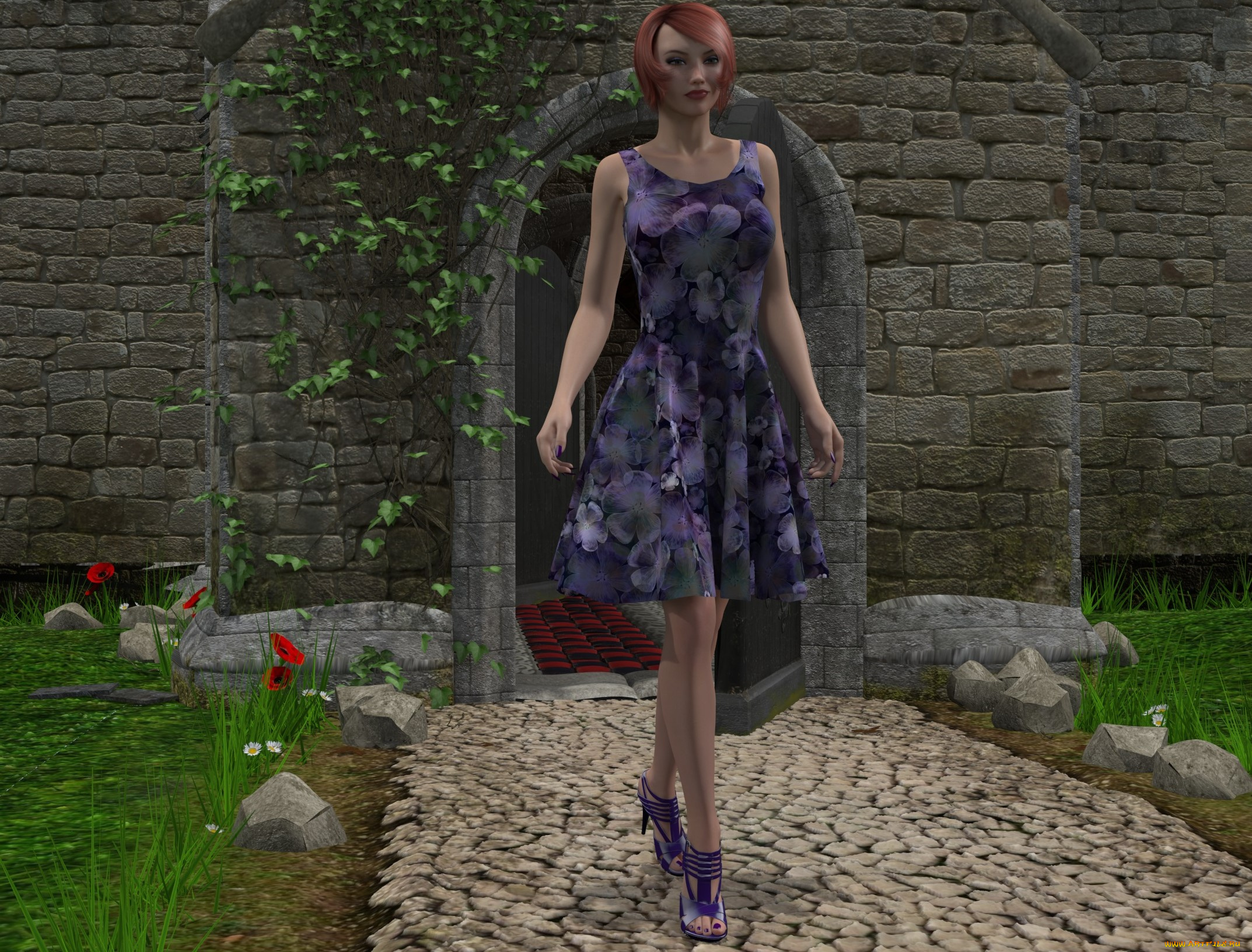 3д, графика, люди, , people, платье, цветы, рыжая, взгляд, девушка