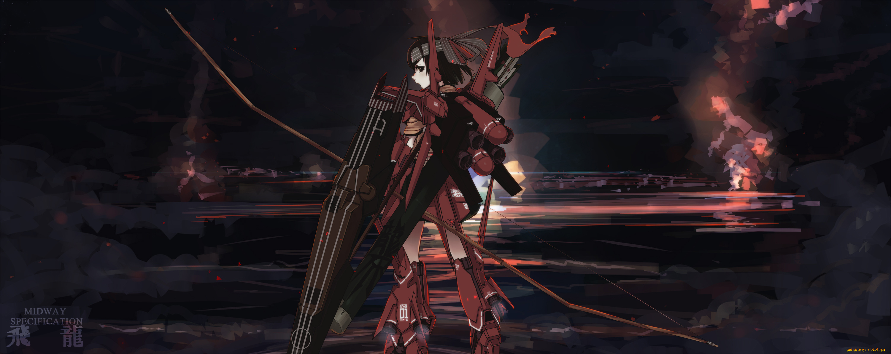 аниме, kantai, collection, арт, девушка, оружие, ночь, kumonji, aruto, hiryuu, kancolle, rebawoo