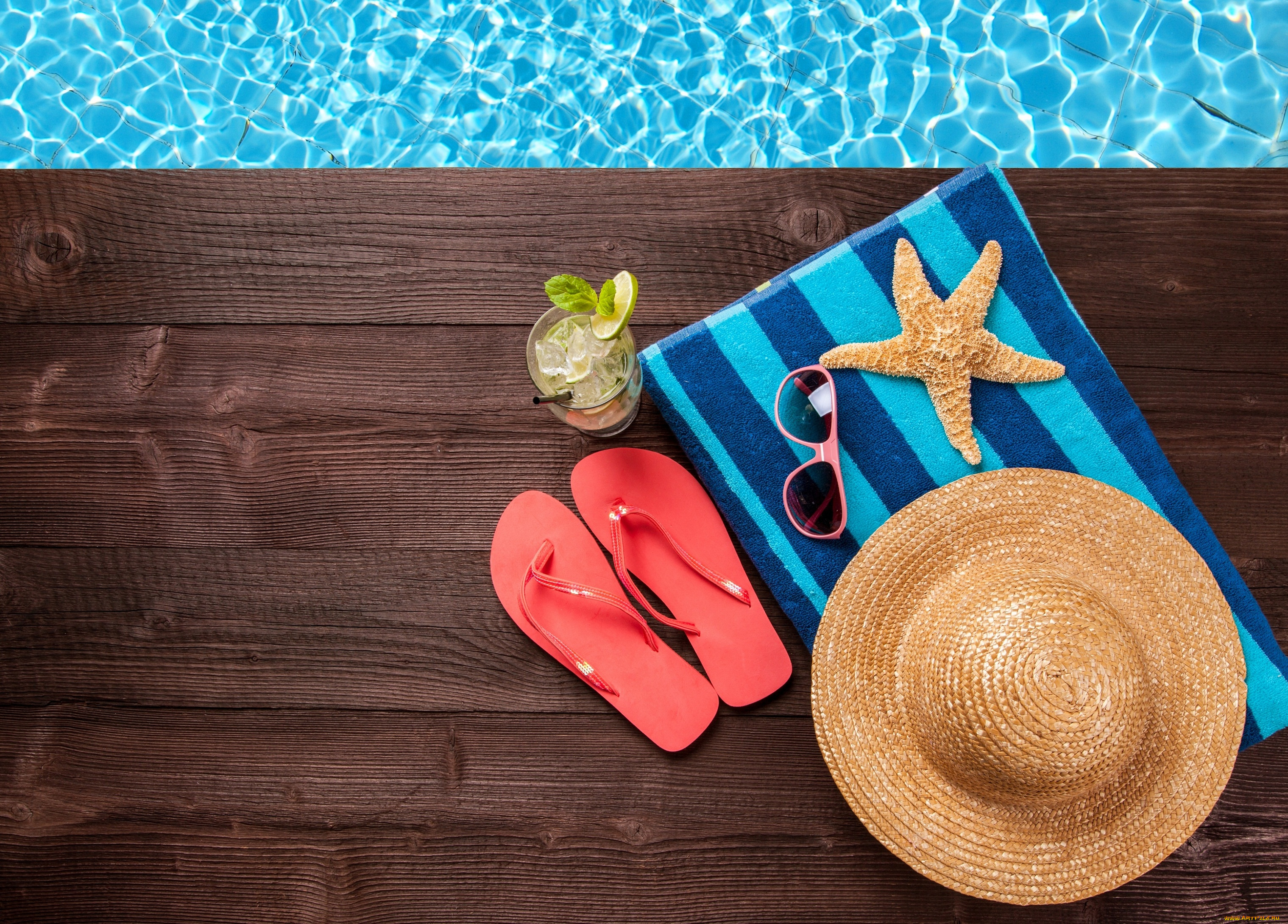 разное, предметы, быта, вода, полотенце, шляпа, сланцы, морская, звезда, коктейль, очки