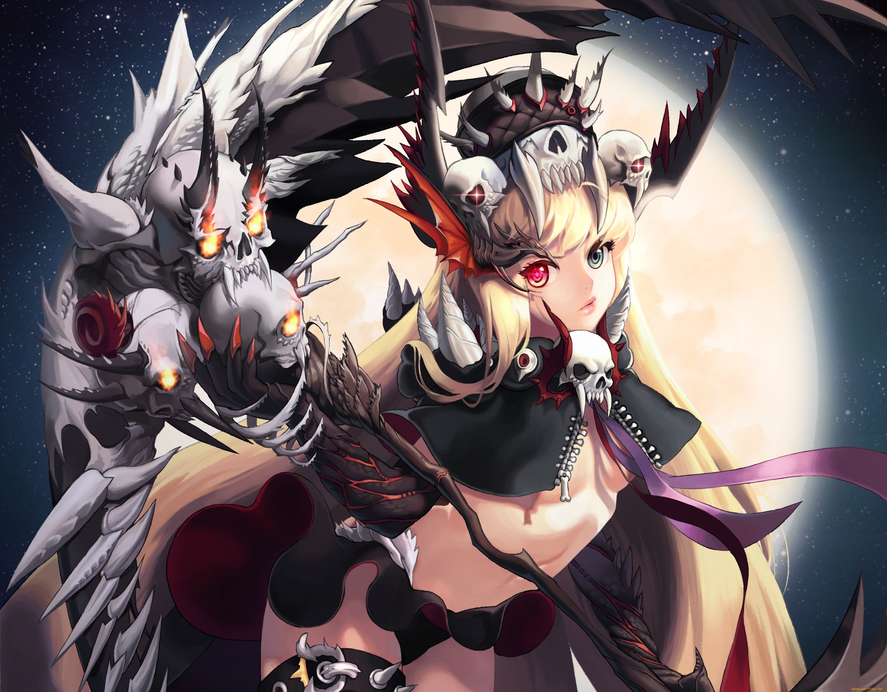 аниме, -angels, &, demons, взгляд, коса, девушка, hyeona, оружие, трусики, art, грудь, ночь, магия