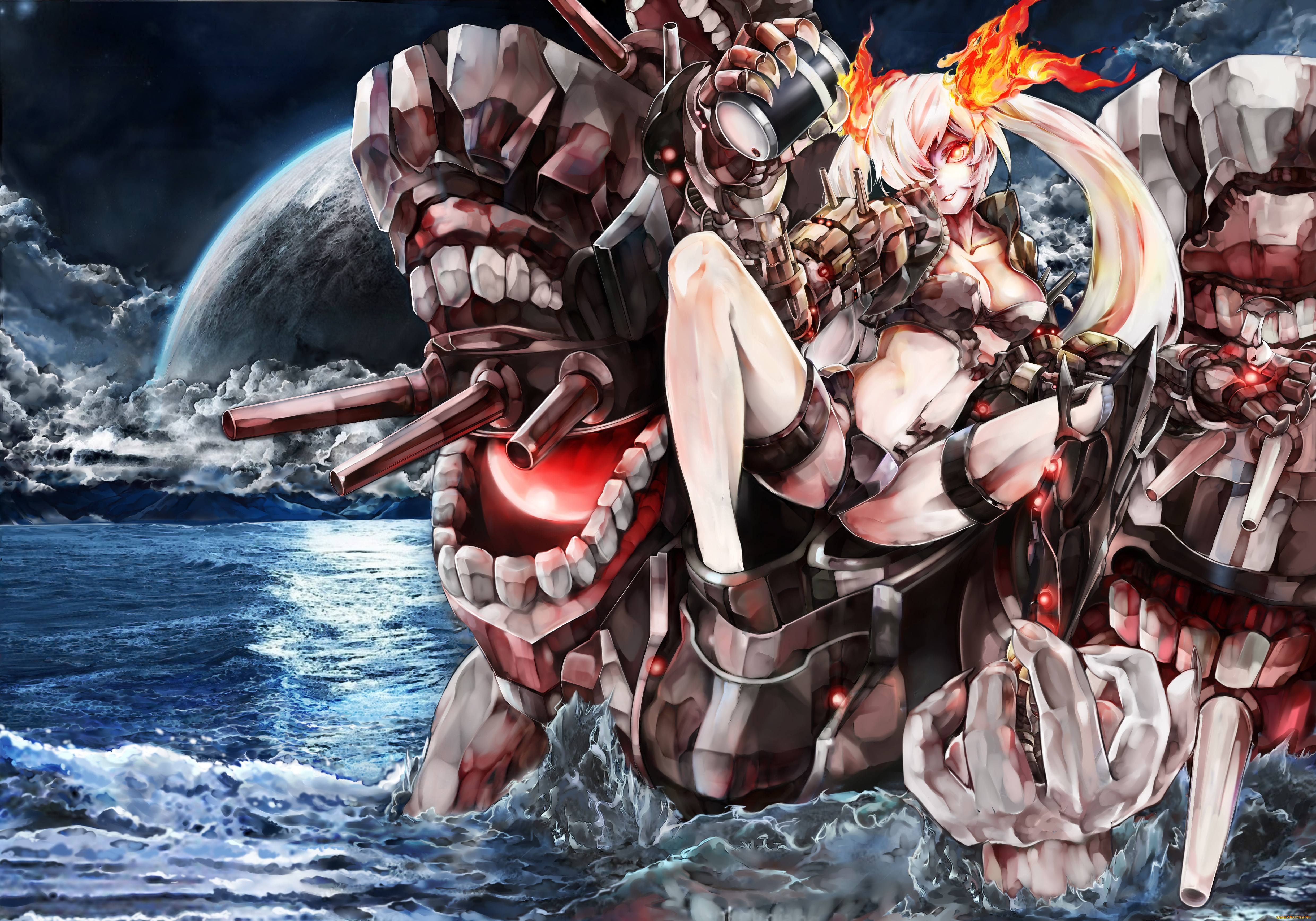 аниме, kantai, collection, огонь, монстр, вода, девушка, зубы, пламя, планета, волны, небо, облака, оружие