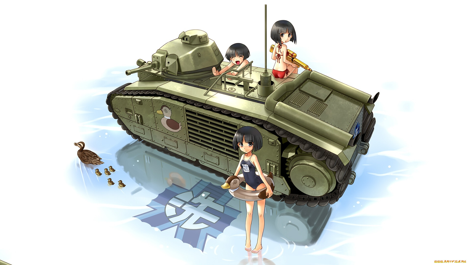 аниме, girls, und, panzer, девушки, взгляд, фон