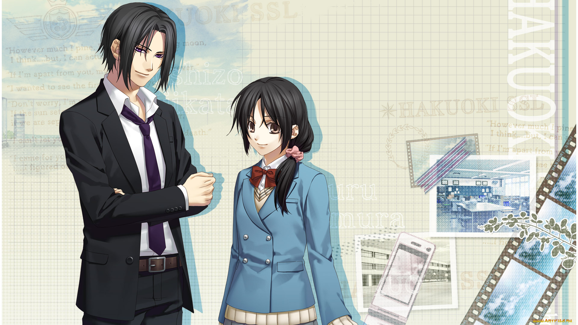 аниме, hakuouki, девушка, взгляд, фон, парень