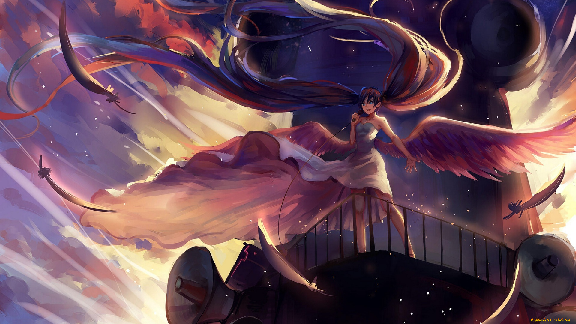 аниме, vocaloid, sishenfan, арт, hatsune, miku, перья, крылья, микрофон, девушка, облака, небо