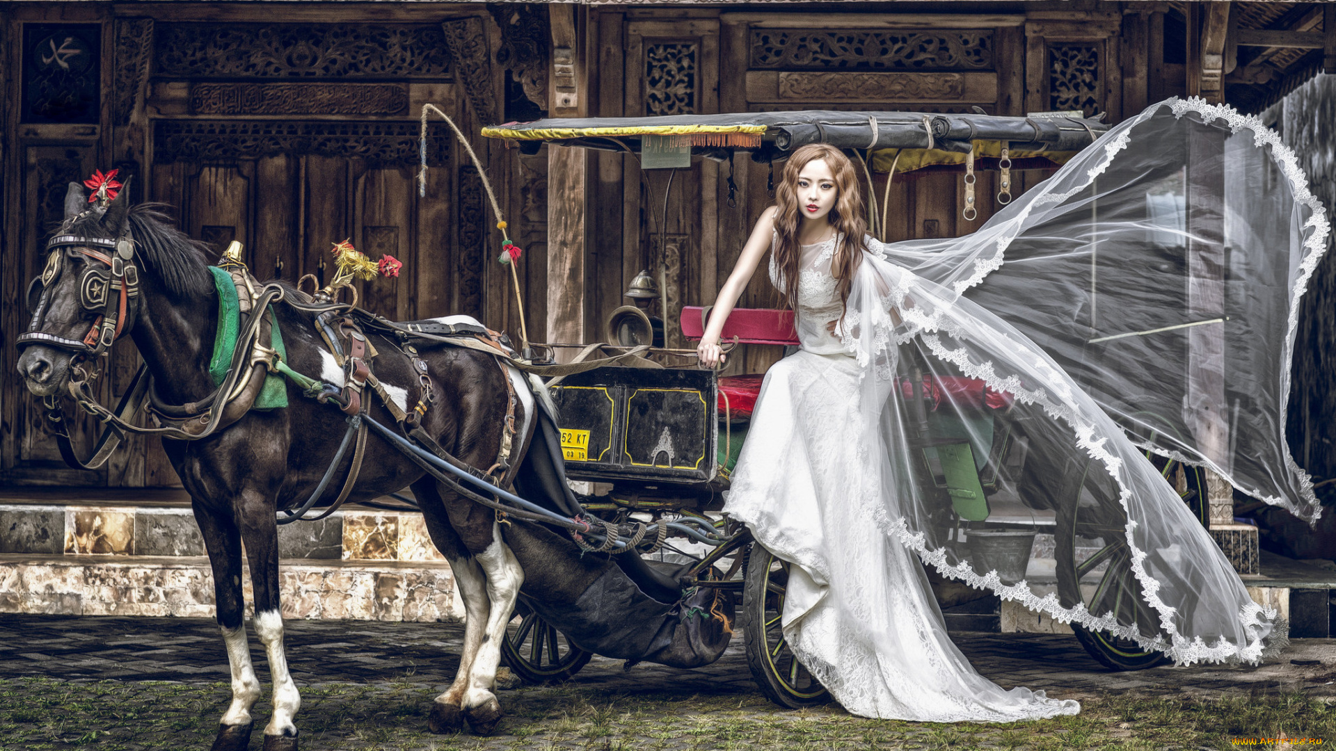 девушки, -unsort, , азиатки, лошадь, невеста, платье, азиатка, девушка, повозка, кляча, конь