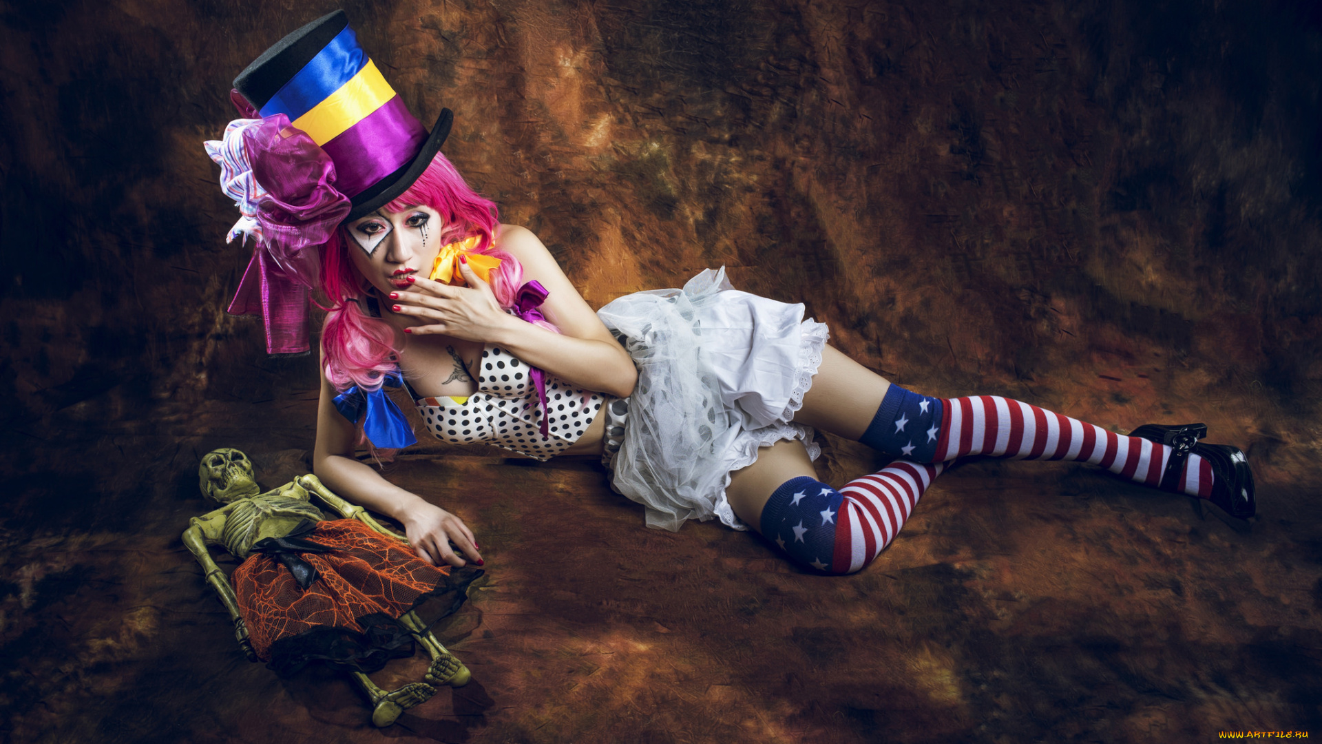 девушки, -unsort, , креатив, кукла, скелет, девушка, шляпа, клоунесса, азиатка, цилиндр