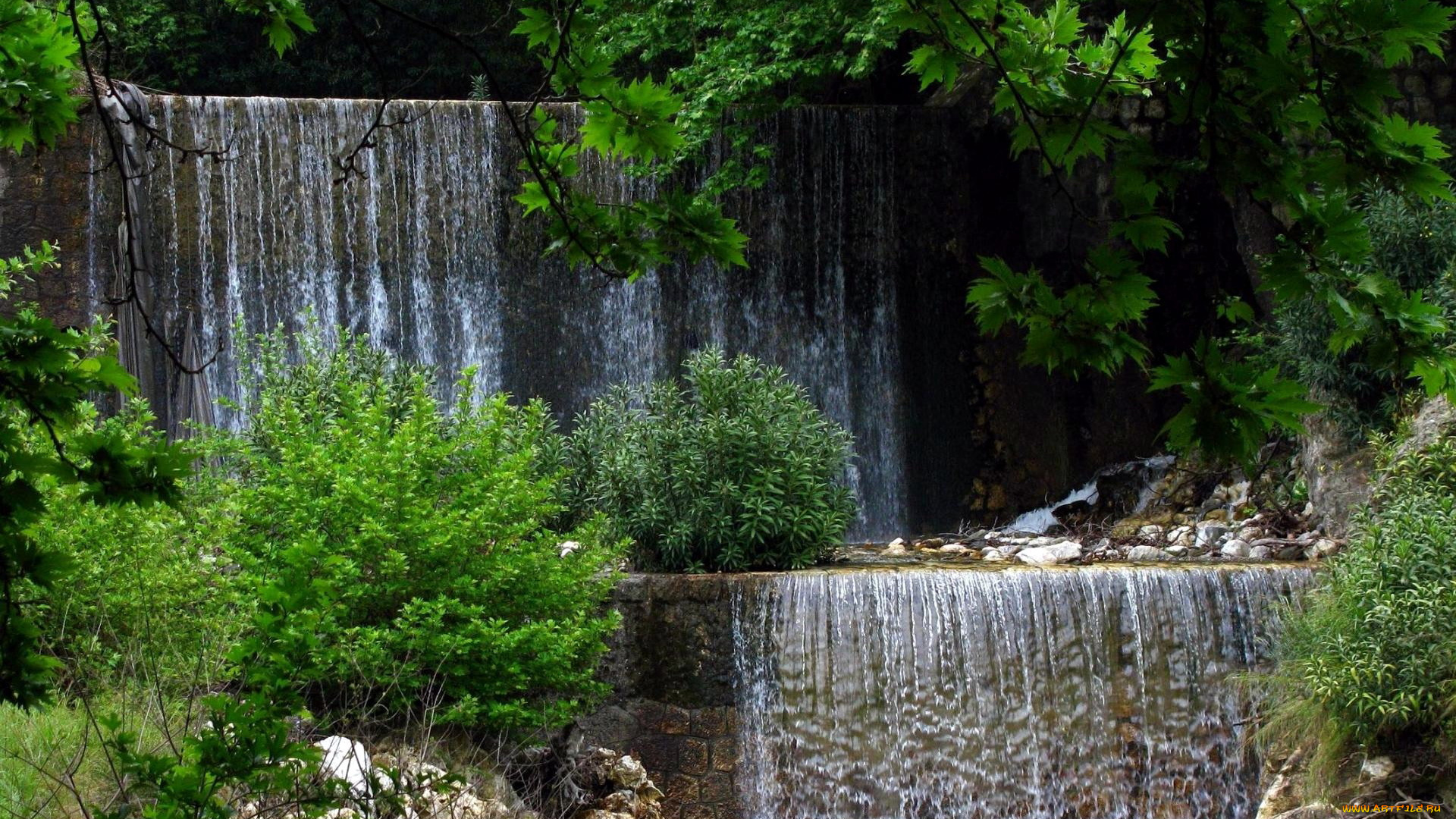 природа, водопады, кусты, камни, вода, поток