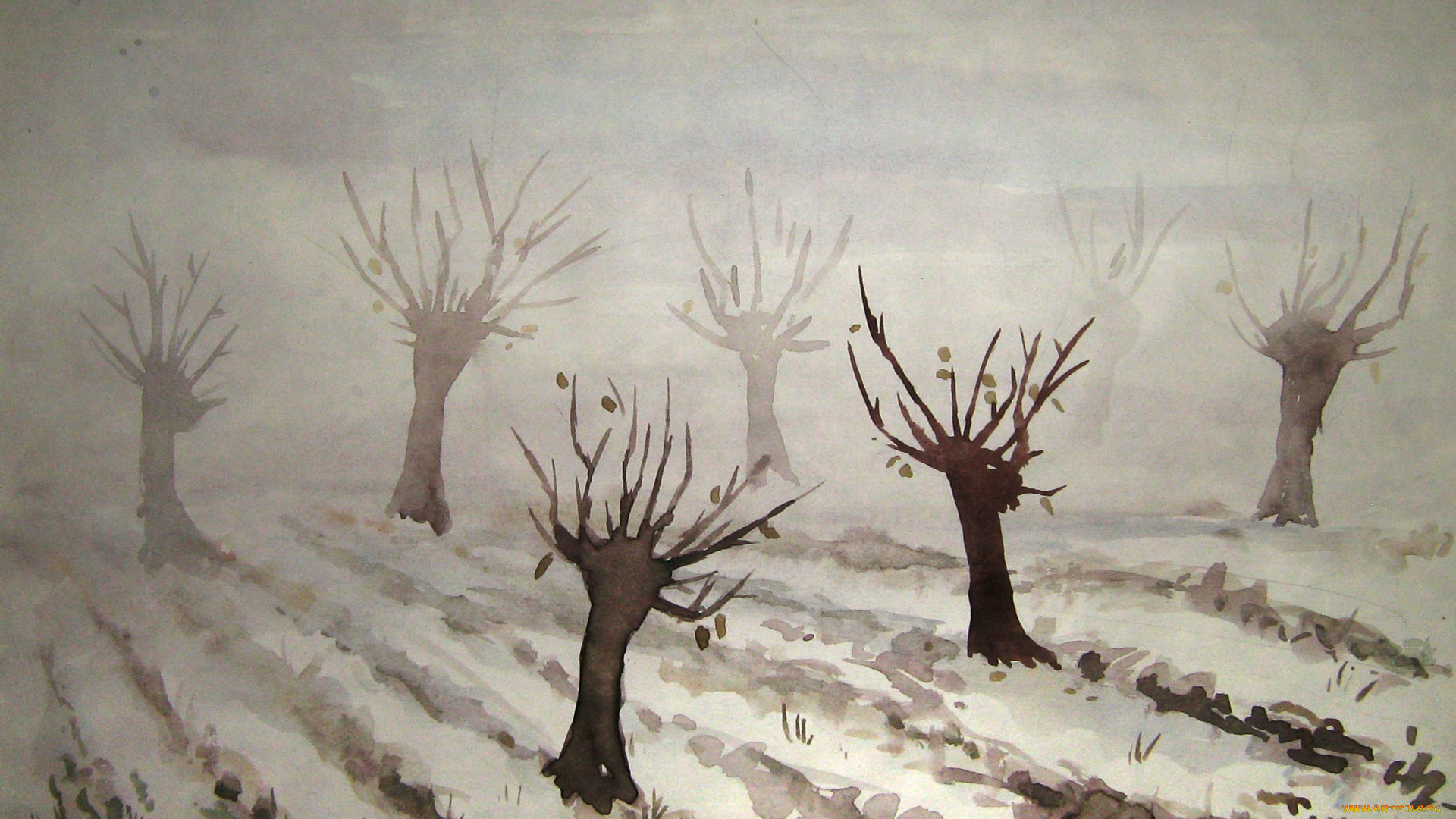 рисованное, живопись, туман, сад, деревья