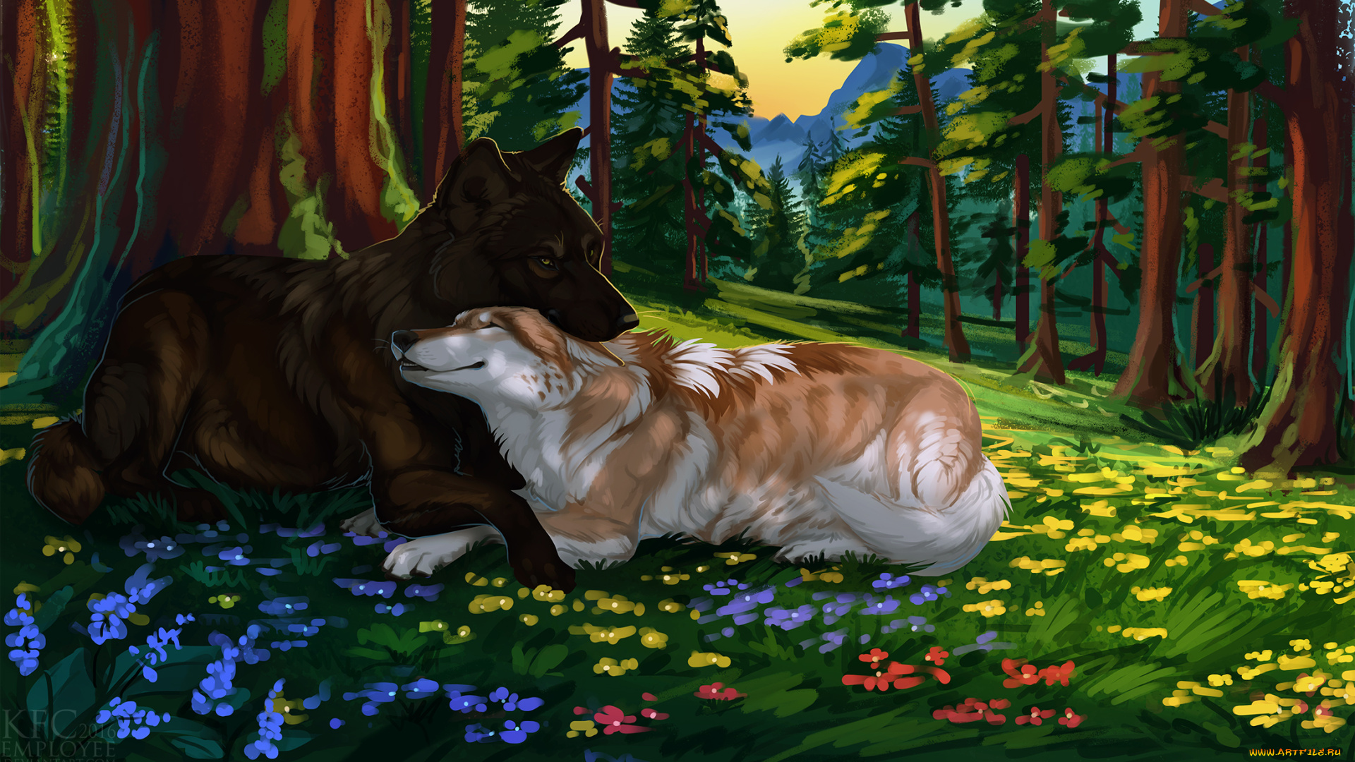 рисованное, животные, , волки, лес, волки