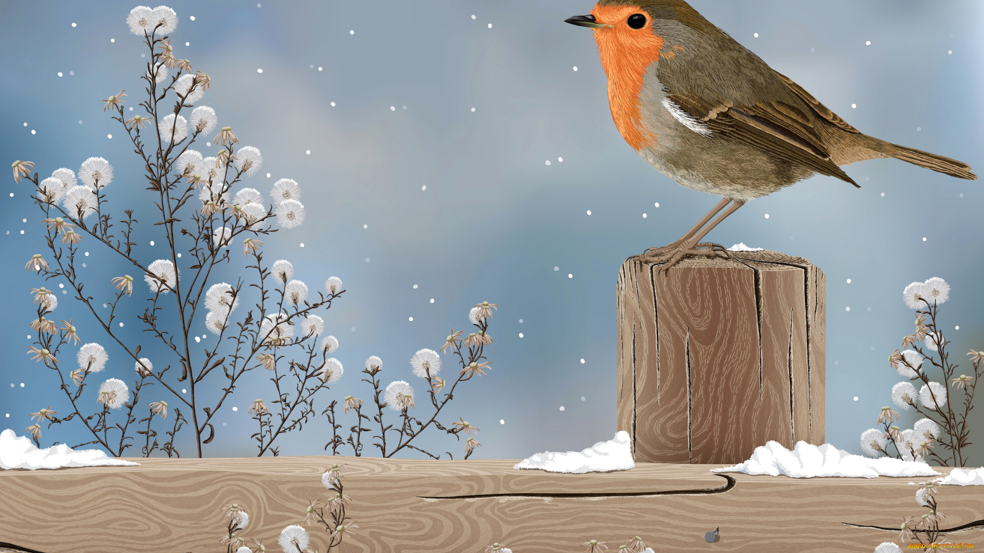 рисованное, животные, природа, снег, растение, столбик, рисунок, птица