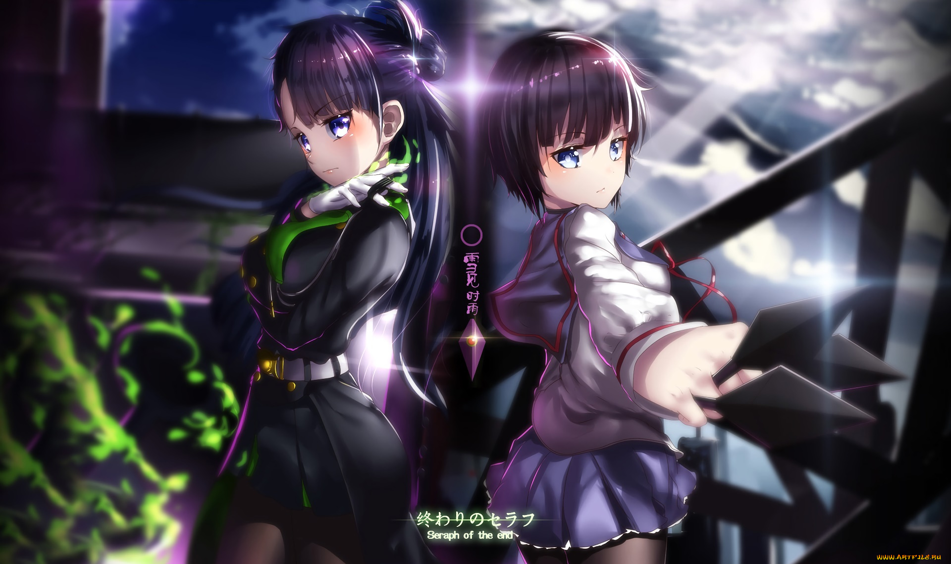 owari, no, seraph, аниме, взгляд, девушки, фон