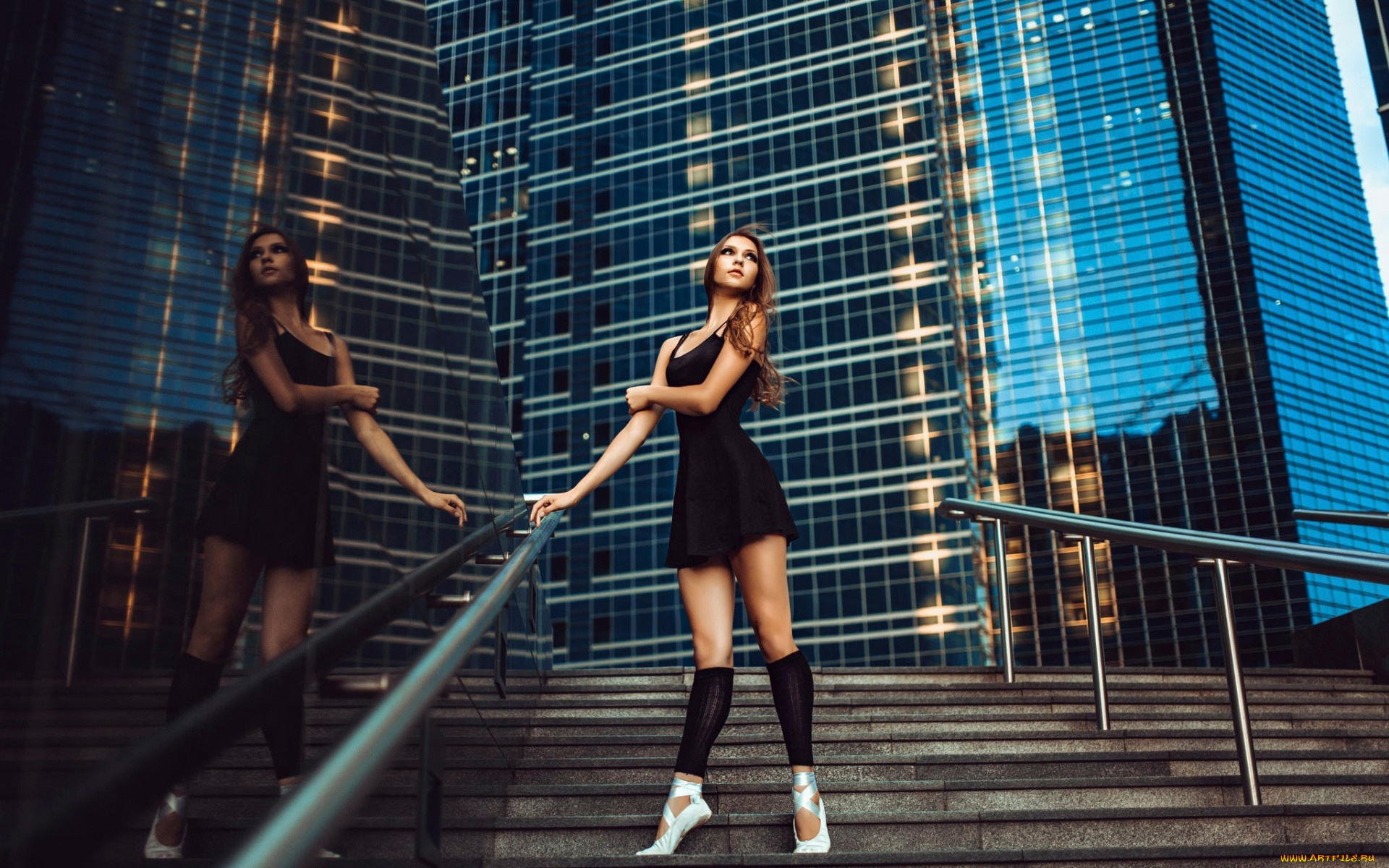девушки, -unsort, , брюнетки, , шатенки, здание, пуанты, лестница, балерина