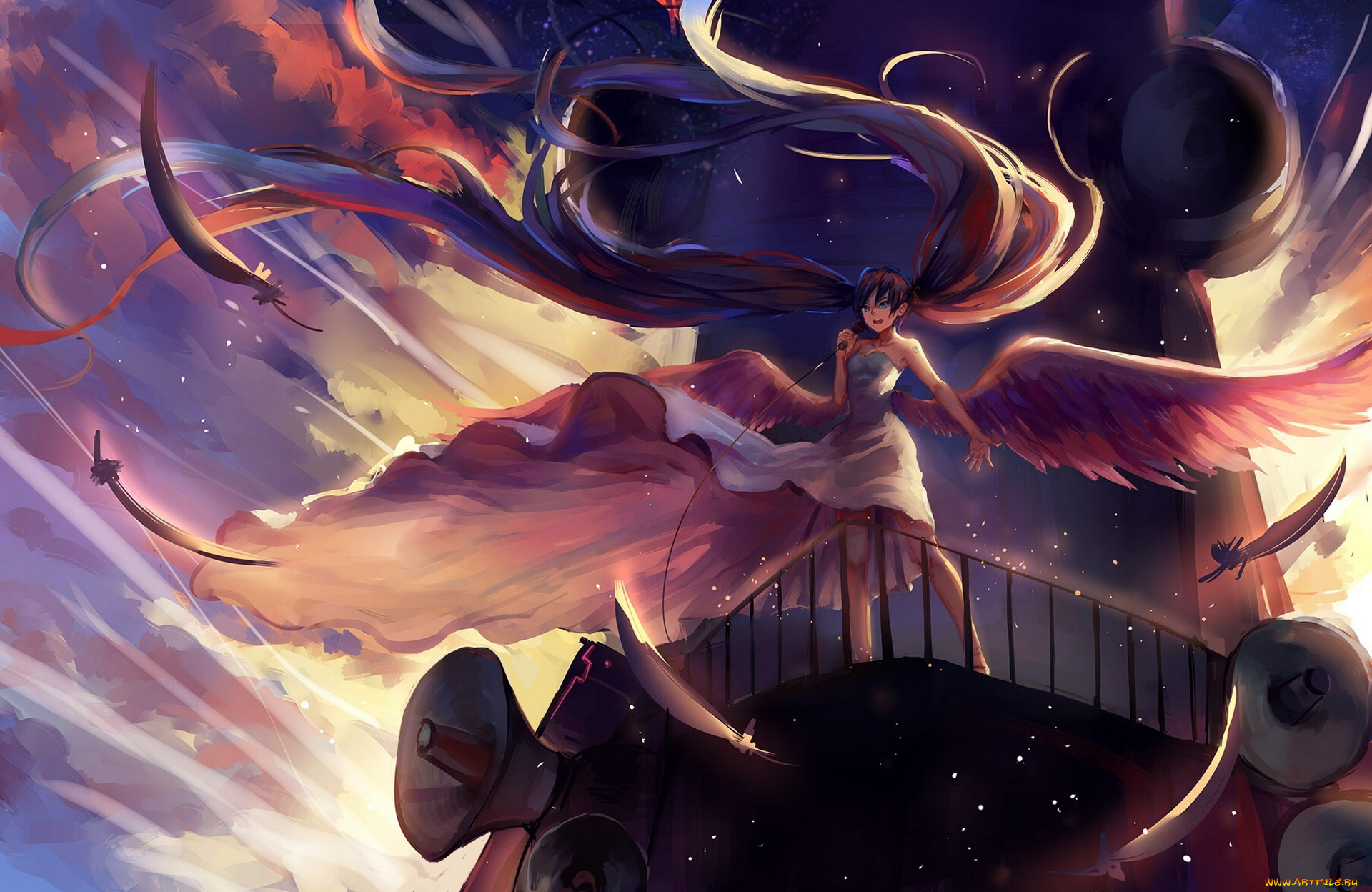 аниме, vocaloid, sishenfan, арт, hatsune, miku, перья, крылья, микрофон, девушка, облака, небо